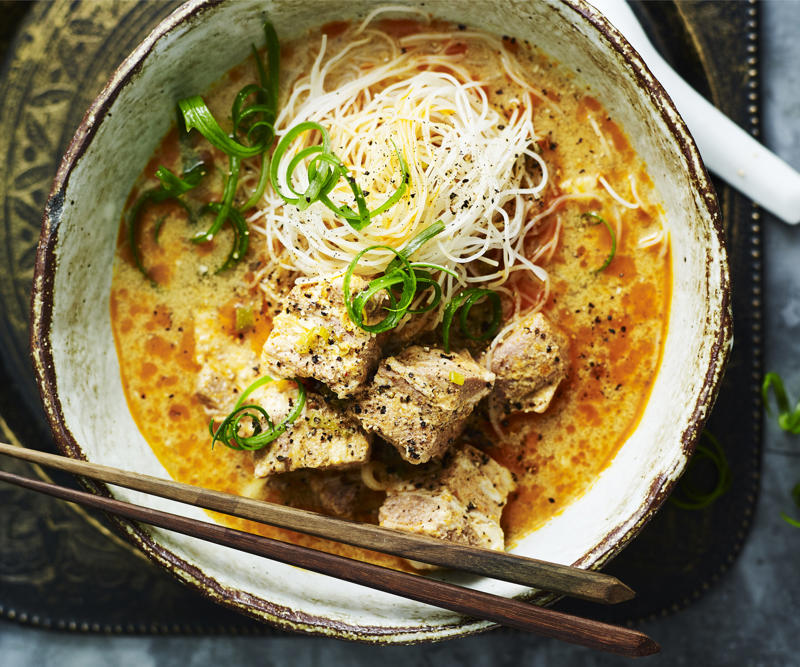 Pork and eggplant noodle stir-fry , Pork larb with rice noodles , Pork stir-fry with noodles , Sweet and sour pork with rice noodle salad , 5 ingredient dan dan noodles , Julie Goodwin’s char siu pork noodle stir-fry , Pork noodle stir fry for one , How to make a classic beef chow mein at home , Char kway teow , Chicken and ginger noodle soup , Braised honey and soy pork fillet steaks , Tuna and soba noodle salad , Pumpkin and eggplant with chilli and Thai basil , Air fryer vegetable spring rolls , Slow cooker chicken pho (Pho Ga) , Sweet and soy pork , Miso beef short rib & pumpkin hotpot , Pork with rice noodles , Gai lan and mushroom five-spice stir-fry , Hokkien mee with beef , Teriyaki chicken udon noodles with choy sum , Soba noodle salad with fried prawns , Prawn and fish balls with ginger broth and noodles , Miso broth with tamari pumpkin and noodles , Pork and tofu rice noodles , Noodle salad with ginger-rubbed beef , One−pot poached chicken with soba noodles , Miso udon soup , Asian-style omelettes with glass noodles