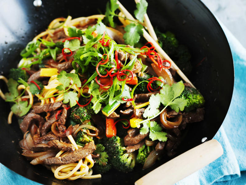 Pork and eggplant noodle stir-fry , Pork larb with rice noodles , Pork stir-fry with noodles , Sweet and sour pork with rice noodle salad , 5 ingredient dan dan noodles , Julie Goodwin’s char siu pork noodle stir-fry , Pork noodle stir fry for one , How to make a classic beef chow mein at home , Char kway teow , Chicken and ginger noodle soup , Braised honey and soy pork fillet steaks , Tuna and soba noodle salad , Pumpkin and eggplant with chilli and Thai basil , Air fryer vegetable spring rolls , Slow cooker chicken pho (Pho Ga) , Sweet and soy pork , Miso beef short rib & pumpkin hotpot , Pork with rice noodles , Gai lan and mushroom five-spice stir-fry , Hokkien mee with beef , Teriyaki chicken udon noodles with choy sum , Soba noodle salad with fried prawns , Prawn and fish balls with ginger broth and noodles , Miso broth with tamari pumpkin and noodles , Pork and tofu rice noodles , Noodle salad with ginger-rubbed beef , One−pot poached chicken with soba noodles , Miso udon soup , Asian-style omelettes with glass noodles
