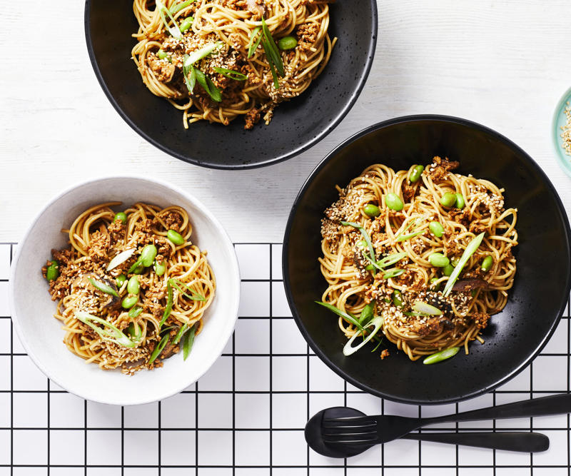 Pork and eggplant noodle stir-fry , Pork larb with rice noodles , Pork stir-fry with noodles , Sweet and sour pork with rice noodle salad , 5 ingredient dan dan noodles , Julie Goodwin’s char siu pork noodle stir-fry , Pork noodle stir fry for one , How to make a classic beef chow mein at home , Char kway teow , Chicken and ginger noodle soup , Braised honey and soy pork fillet steaks , Tuna and soba noodle salad , Pumpkin and eggplant with chilli and Thai basil , Air fryer vegetable spring rolls , Slow cooker chicken pho (Pho Ga) , Sweet and soy pork , Miso beef short rib & pumpkin hotpot , Pork with rice noodles , Gai lan and mushroom five-spice stir-fry , Hokkien mee with beef , Teriyaki chicken udon noodles with choy sum , Soba noodle salad with fried prawns , Prawn and fish balls with ginger broth and noodles , Miso broth with tamari pumpkin and noodles , Pork and tofu rice noodles , Noodle salad with ginger-rubbed beef , One−pot poached chicken with soba noodles , Miso udon soup , Asian-style omelettes with glass noodles