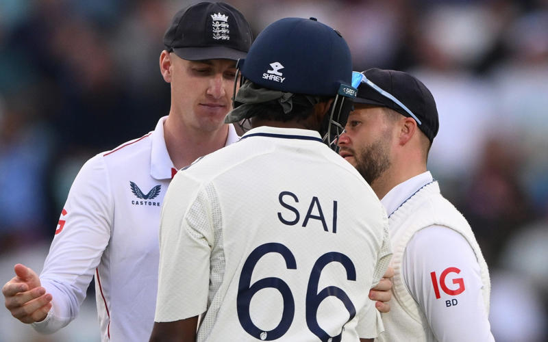07:59 PM BST, Boycott’s verdict, 07:25 PM BST, Michael Vaughan on BBC Test Match Special, 07:21 PM BST, A tale of three horror drops, 07:17 PM BST, Stumps on day two, 07:15 PM BST, OVER 18: IND 75/2 (Jaiswal 51 Deep 4), 07:10 PM BST, 07:08 PM BST, OVER 17: IND 70/1 (Jaiswal 51 Sudharsan 11), 07:05 PM BST, OVER 16: IND 64/1 (Jaiswal 45 Sudharsan 11), 07:00 PM BST, OVER 15: IND 64/1 (Jaiswal 45 Sudharsan 11), 06:56 PM BST, OVER 14: IND 56/1 (Jaiswal 41 Sudharsan 7), 06:51 PM BST, OVER 13: IND 55/1 (Jaiswal 40 Sudharsan 7), 06:47 PM BST, OVER 12: IND 55/1 (Jaiswal 40 Sudharsan 7), 06:41 PM BST, OVER 11: IND 47/1 (Jaiswal 39 Sudharsan 0), 06:37 PM BST, OVER 10: IND 46/1 (Jaiswal 38 Sudharsan 0), 06:34 PM BST, 06:30 PM BST, OVER 9: IND 41/0 (Jaiswal 33 Rahul 7), 06:25 PM BST, OVER 8: IND 34/0 (Jaiswal 26 Rahul 7), 06:20 PM BST, OVER 7: IND 29/0 (Jaiswal 25 Rahul 3), 06:15 PM BST, OVER 6: IND 28/0 (Jaiswal 24 Rahul 3), 06:11 PM BST, OVER 5: IND 26/0 (Jaiswal 24 Rahul 1), 06:07 PM BST, OVER 4: IND 17/0 (Jaiswal 16 Rahul 0), 06:02 PM BST, OVER 3: IND 12/0 (Jaiswal 12 Rahul 0), 05:58 PM BST, OVER 2: IND 0/0 (Jaiswal 0 Rahul 0), 05:53 PM BST, OVER 1: IND 0/0 (Jaiswal 0 Rahul 0), 05:48 PM BST, India’s second innings, 05:45 PM BST, England bowlers back on their feet, 05:39 PM BST, England bowled out for 247, 05:38 PM BST, OVER 51: ENG 247/8 (Tongue 0 Brook 53), 05:33 PM BST, OVER 50: ENG 246/8 (Tongue 0 Brook 52), 05:28 PM BST, OVER 49: ENG 243/8 (Tongue 0 Brook 49), 05:24 PM BST, Nearly ready for action, 05:16 PM BST, Restart time, 05:16 PM BST, Restart coming soon?, 05:07 PM BST, 05:03 PM BST, Good news!, 04:59 PM BST, Weather update, 04:56 PM BST, Michael Vaughan on BBC Test Match Special, 04:53 PM BST, Nasser Hussain on Sky Sports, 04:52 PM BST, What an image!, 04:41 PM BST, Rain stops play, 04:41 PM BST, OVER 48: ENG 242/8 (Tongue 0 Brook 48), 04:36 PM BST, OVER 47: ENG 235/8 (Tongue 0 Brook 41), 04:34 PM BST, 04:30 PM BST, OVER 46: ENG 230/7 (Atkinson 7 Brook 40), 04:26 PM BST, OVER 45: ENG 224/7 (Atkinson 2 Brook 39), 04:22 PM BST, OVER 44: ENG 220/7 (Atkinson 1 Brook 36), 04:17 PM BST, OVER 43: ENG 215/7 (Atkinson 0 Brook 33), 04:16 PM BST, Evening session, 04:12 PM BST, Tea verdict, 04:11 PM BST, Day for Thorpey, 04:07 PM BST, Inside Duckett’s extraordinary skirmish with Deep, 03:58 PM BST, Momentum shifting, 03:56 PM BST, 03:55 PM BST, 03:49 PM BST, 03:48 PM BST, OVER 42: ENG 215/5 (Smith 8 Brook 33), 03:46 PM BST, OVER 41: ENG 210/5 (Smith 7 Brook 29), 03:41 PM BST, OVER 40: ENG 207/5 (Smith 6 Brook 27), 03:38 PM BST, OVER 39: ENG 201/5 (Smith 5 Brook 22), 03:33 PM BST, OVER 38: ENG 200/5 (Smith 5 Brook 21), 03:29 PM BST, OVER 37: ENG 196/5 (Smith 1 Brook 21), 03:26 PM BST, 03:23 PM BST, OVER 36: ENG 190/4 (Bethell 2 Brook 21), 03:18 PM BST, OVER 35: ENG 186/4 (Bethell 1 Brook 18), 03:12 PM BST, OVER 34: ENG 176/4 (Bethell 0 Brook 9), 03:06 PM BST, 03:01 PM BST, OVER 32: ENG 167/3 (Root 21 Brook 8), 02:56 PM BST, OVER 31: ENG 165/3 (Root 20 Brook 7), 02:48 PM BST, OVER 30: ENG 161/3 (Root 16 Brook 7), 02:44 PM BST, OVER 29: ENG 154/3 (Root 14 Brook 6), 02:39 PM BST, OVER 28: ENG 152/3 (Root 14 Brook 4), 02:33 PM BST, OVER 27: ENG 148/3 (Root 10 Brook 4), 02:29 PM BST, OVER 26: ENG 147/3 (Root 9 Brook 4), 02:25 PM BST, OVER 25: ENG 146/3 (Root 8 Brook 4), 02:21 PM BST, 02:17 PM BST, OVER 24: ENG 142/2 (Root 8 Pope 22), 02:13 PM BST, OVER 23: ENG 138/2 (Root 4 Pope 22), 02:09 PM BST, OVER 22: ENG 134/2 (Root 4 Pope 18), 02:03 PM BST, 02:02 PM BST, OVER 21: ENG 129/1 (Crawley 64 Pope 18), 01:57 PM BST, OVER 20: ENG 126/1 (Crawley 63 Pope 17), 01:53 PM BST, OVER 19: ENG 124/1 (Crawley 62 Pope 16), 01:49 PM BST, OVER 18: ENG 115/1 (Crawley 54 Pope 16), 01:45 PM BST, OVER 17: ENG 110/1 (Crawley 53 Pope 12), 01:40 PM BST, Afternoon session, 01:35 PM BST, Lunchtime verdict, 01:29 PM BST, Friendly or too far?, 01:23 PM BST, A day that is about more than just cricket, 01:17 PM BST, Ravi Shastri on Sky Sports, 01:14 PM BST, Ricky Ponting on Sky Sports, 01:11 PM BST, 01:03 PM BST, England in great position after near perfect session, 01:02 PM BST, OVER 16: ENG 109/1 (Crawley 52 Pope 12), 12:55 PM BST, OVER 15: ENG 105/1 (Crawley 52 Pope 8), 12:52 PM BST, OVER 14: ENG 97/1 (Crawley 47 Pope 5), 12:52 PM BST, OVER 14: ENG 97/1 (Crawley 47 Pope 5), 12:50 PM BST, OVER 13: ENG 93/1 (Crawley 47 Pope 1), 12:47 PM BST, 12:42 PM BST, OVER 12: ENG 92/0 (Crawley 47 Duckett 43), 12:37 PM BST, India may have to turn to spin - on a green top, 12:36 PM BST, OVER 11: ENG 84/0 (Crawley 46 Duckett 37), 12:31 PM BST, OVER 10: ENG 71/0 (Crawley 38 Duckett 32), 12:27 PM BST, OVER 9: ENG 64/0 (Crawley 33 Duckett 30), 12:23 PM BST, OVER 8: ENG 59/0 (Crawley 29 Duckett 29), 12:21 PM BST, India deflated by England onslaught, 12:18 PM BST, OVER 7: ENG 51/0 (Crawley 21 Duckett 29), 12:12 PM BST, OVER 6: ENG 40/0 (Crawley 16 Duckett 23), 12:08 PM BST, OVER 5: ENG 28/0 (Crawley 16 Duckett 11), 12:04 PM BST, A very Bazball answer, 12:04 PM BST, OVER 4: ENG 24/0 (Crawley 12 Duckett 11), 11:54 AM BST, OVER 3: ENG 18/0 (Crawley 12 Duckett 5), 11:48 AM BST, Atkinson shows what England have missed, 11:47 AM BST, OVER 2: ENG 9/0 (Crawley 4 Duckett 4), 11:44 AM BST, OVER 1: ENG 8/0 (Crawley 4 Duckett 3), 11:34 AM BST, Back with a bang, 11:31 AM BST, A quick kill, 11:29 AM BST, 11:27 AM BST, 11:26 AM BST, OVER 69: IND 224/8 (Deep 0, Siraj 0), 11:21 AM BST, OVER 68: IND 220/8 (Deep 0, Siraj 0), 11:19 AM BST, 11:18 AM BST, OVER 67: IND 218/7 (Washington 23, Deep 0), 11:16 AM BST, A Day for Thorpey, 11:10 AM BST, 11:09 AM BST, OVER 66: IND 213/6 (Nair 57, Washington 23), 11:06 AM BST, OVER 65: IND 213/6 (Nair 57, Washington 23), 10:58 AM BST, England’s leading wicket-taker: Joe Root, 10:56 AM BST, Woakes injury puts dampener on the match, 10:35 AM BST, Play to continue until 7pm, 10:31 AM BST, Woakes’ Ashes hopes in the balance, 10:04 AM BST, A Day for Thorpey, 09:53 AM BST, Good morning