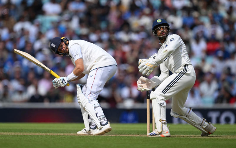 07:59 PM BST, Boycott’s verdict, 07:25 PM BST, Michael Vaughan on BBC Test Match Special, 07:21 PM BST, A tale of three horror drops, 07:17 PM BST, Stumps on day two, 07:15 PM BST, OVER 18: IND 75/2 (Jaiswal 51 Deep 4), 07:10 PM BST, 07:08 PM BST, OVER 17: IND 70/1 (Jaiswal 51 Sudharsan 11), 07:05 PM BST, OVER 16: IND 64/1 (Jaiswal 45 Sudharsan 11), 07:00 PM BST, OVER 15: IND 64/1 (Jaiswal 45 Sudharsan 11), 06:56 PM BST, OVER 14: IND 56/1 (Jaiswal 41 Sudharsan 7), 06:51 PM BST, OVER 13: IND 55/1 (Jaiswal 40 Sudharsan 7), 06:47 PM BST, OVER 12: IND 55/1 (Jaiswal 40 Sudharsan 7), 06:41 PM BST, OVER 11: IND 47/1 (Jaiswal 39 Sudharsan 0), 06:37 PM BST, OVER 10: IND 46/1 (Jaiswal 38 Sudharsan 0), 06:34 PM BST, 06:30 PM BST, OVER 9: IND 41/0 (Jaiswal 33 Rahul 7), 06:25 PM BST, OVER 8: IND 34/0 (Jaiswal 26 Rahul 7), 06:20 PM BST, OVER 7: IND 29/0 (Jaiswal 25 Rahul 3), 06:15 PM BST, OVER 6: IND 28/0 (Jaiswal 24 Rahul 3), 06:11 PM BST, OVER 5: IND 26/0 (Jaiswal 24 Rahul 1), 06:07 PM BST, OVER 4: IND 17/0 (Jaiswal 16 Rahul 0), 06:02 PM BST, OVER 3: IND 12/0 (Jaiswal 12 Rahul 0), 05:58 PM BST, OVER 2: IND 0/0 (Jaiswal 0 Rahul 0), 05:53 PM BST, OVER 1: IND 0/0 (Jaiswal 0 Rahul 0), 05:48 PM BST, India’s second innings, 05:45 PM BST, England bowlers back on their feet, 05:39 PM BST, England bowled out for 247, 05:38 PM BST, OVER 51: ENG 247/8 (Tongue 0 Brook 53), 05:33 PM BST, OVER 50: ENG 246/8 (Tongue 0 Brook 52), 05:28 PM BST, OVER 49: ENG 243/8 (Tongue 0 Brook 49), 05:24 PM BST, Nearly ready for action, 05:16 PM BST, Restart time, 05:16 PM BST, Restart coming soon?, 05:07 PM BST, 05:03 PM BST, Good news!, 04:59 PM BST, Weather update, 04:56 PM BST, Michael Vaughan on BBC Test Match Special, 04:53 PM BST, Nasser Hussain on Sky Sports, 04:52 PM BST, What an image!, 04:41 PM BST, Rain stops play, 04:41 PM BST, OVER 48: ENG 242/8 (Tongue 0 Brook 48), 04:36 PM BST, OVER 47: ENG 235/8 (Tongue 0 Brook 41), 04:34 PM BST, 04:30 PM BST, OVER 46: ENG 230/7 (Atkinson 7 Brook 40), 04:26 PM BST, OVER 45: ENG 224/7 (Atkinson 2 Brook 39), 04:22 PM BST, OVER 44: ENG 220/7 (Atkinson 1 Brook 36), 04:17 PM BST, OVER 43: ENG 215/7 (Atkinson 0 Brook 33), 04:16 PM BST, Evening session, 04:12 PM BST, Tea verdict, 04:11 PM BST, Day for Thorpey, 04:07 PM BST, Inside Duckett’s extraordinary skirmish with Deep, 03:58 PM BST, Momentum shifting, 03:56 PM BST, 03:55 PM BST, 03:49 PM BST, 03:48 PM BST, OVER 42: ENG 215/5 (Smith 8 Brook 33), 03:46 PM BST, OVER 41: ENG 210/5 (Smith 7 Brook 29), 03:41 PM BST, OVER 40: ENG 207/5 (Smith 6 Brook 27), 03:38 PM BST, OVER 39: ENG 201/5 (Smith 5 Brook 22), 03:33 PM BST, OVER 38: ENG 200/5 (Smith 5 Brook 21), 03:29 PM BST, OVER 37: ENG 196/5 (Smith 1 Brook 21), 03:26 PM BST, 03:23 PM BST, OVER 36: ENG 190/4 (Bethell 2 Brook 21), 03:18 PM BST, OVER 35: ENG 186/4 (Bethell 1 Brook 18), 03:12 PM BST, OVER 34: ENG 176/4 (Bethell 0 Brook 9), 03:06 PM BST, 03:01 PM BST, OVER 32: ENG 167/3 (Root 21 Brook 8), 02:56 PM BST, OVER 31: ENG 165/3 (Root 20 Brook 7), 02:48 PM BST, OVER 30: ENG 161/3 (Root 16 Brook 7), 02:44 PM BST, OVER 29: ENG 154/3 (Root 14 Brook 6), 02:39 PM BST, OVER 28: ENG 152/3 (Root 14 Brook 4), 02:33 PM BST, OVER 27: ENG 148/3 (Root 10 Brook 4), 02:29 PM BST, OVER 26: ENG 147/3 (Root 9 Brook 4), 02:25 PM BST, OVER 25: ENG 146/3 (Root 8 Brook 4), 02:21 PM BST, 02:17 PM BST, OVER 24: ENG 142/2 (Root 8 Pope 22), 02:13 PM BST, OVER 23: ENG 138/2 (Root 4 Pope 22), 02:09 PM BST, OVER 22: ENG 134/2 (Root 4 Pope 18), 02:03 PM BST, 02:02 PM BST, OVER 21: ENG 129/1 (Crawley 64 Pope 18), 01:57 PM BST, OVER 20: ENG 126/1 (Crawley 63 Pope 17), 01:53 PM BST, OVER 19: ENG 124/1 (Crawley 62 Pope 16), 01:49 PM BST, OVER 18: ENG 115/1 (Crawley 54 Pope 16), 01:45 PM BST, OVER 17: ENG 110/1 (Crawley 53 Pope 12), 01:40 PM BST, Afternoon session, 01:35 PM BST, Lunchtime verdict, 01:29 PM BST, Friendly or too far?, 01:23 PM BST, A day that is about more than just cricket, 01:17 PM BST, Ravi Shastri on Sky Sports, 01:14 PM BST, Ricky Ponting on Sky Sports, 01:11 PM BST, 01:03 PM BST, England in great position after near perfect session, 01:02 PM BST, OVER 16: ENG 109/1 (Crawley 52 Pope 12), 12:55 PM BST, OVER 15: ENG 105/1 (Crawley 52 Pope 8), 12:52 PM BST, OVER 14: ENG 97/1 (Crawley 47 Pope 5), 12:52 PM BST, OVER 14: ENG 97/1 (Crawley 47 Pope 5), 12:50 PM BST, OVER 13: ENG 93/1 (Crawley 47 Pope 1), 12:47 PM BST, 12:42 PM BST, OVER 12: ENG 92/0 (Crawley 47 Duckett 43), 12:37 PM BST, India may have to turn to spin - on a green top, 12:36 PM BST, OVER 11: ENG 84/0 (Crawley 46 Duckett 37), 12:31 PM BST, OVER 10: ENG 71/0 (Crawley 38 Duckett 32), 12:27 PM BST, OVER 9: ENG 64/0 (Crawley 33 Duckett 30), 12:23 PM BST, OVER 8: ENG 59/0 (Crawley 29 Duckett 29), 12:21 PM BST, India deflated by England onslaught, 12:18 PM BST, OVER 7: ENG 51/0 (Crawley 21 Duckett 29), 12:12 PM BST, OVER 6: ENG 40/0 (Crawley 16 Duckett 23), 12:08 PM BST, OVER 5: ENG 28/0 (Crawley 16 Duckett 11), 12:04 PM BST, A very Bazball answer, 12:04 PM BST, OVER 4: ENG 24/0 (Crawley 12 Duckett 11), 11:54 AM BST, OVER 3: ENG 18/0 (Crawley 12 Duckett 5), 11:48 AM BST, Atkinson shows what England have missed, 11:47 AM BST, OVER 2: ENG 9/0 (Crawley 4 Duckett 4), 11:44 AM BST, OVER 1: ENG 8/0 (Crawley 4 Duckett 3), 11:34 AM BST, Back with a bang, 11:31 AM BST, A quick kill, 11:29 AM BST, 11:27 AM BST, 11:26 AM BST, OVER 69: IND 224/8 (Deep 0, Siraj 0), 11:21 AM BST, OVER 68: IND 220/8 (Deep 0, Siraj 0), 11:19 AM BST, 11:18 AM BST, OVER 67: IND 218/7 (Washington 23, Deep 0), 11:16 AM BST, A Day for Thorpey, 11:10 AM BST, 11:09 AM BST, OVER 66: IND 213/6 (Nair 57, Washington 23), 11:06 AM BST, OVER 65: IND 213/6 (Nair 57, Washington 23), 10:58 AM BST, England’s leading wicket-taker: Joe Root, 10:56 AM BST, Woakes injury puts dampener on the match, 10:35 AM BST, Play to continue until 7pm, 10:31 AM BST, Woakes’ Ashes hopes in the balance, 10:04 AM BST, A Day for Thorpey, 09:53 AM BST, Good morning
