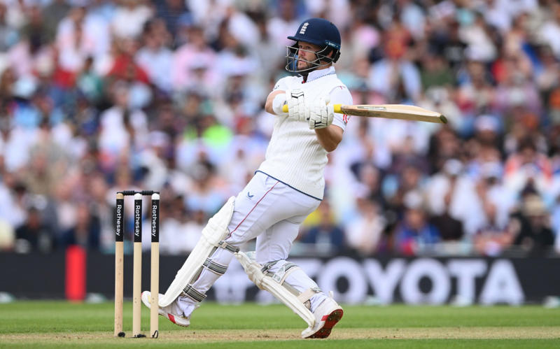 07:59 PM BST, Boycott’s verdict, 07:25 PM BST, Michael Vaughan on BBC Test Match Special, 07:21 PM BST, A tale of three horror drops, 07:17 PM BST, Stumps on day two, 07:15 PM BST, OVER 18: IND 75/2 (Jaiswal 51 Deep 4), 07:10 PM BST, 07:08 PM BST, OVER 17: IND 70/1 (Jaiswal 51 Sudharsan 11), 07:05 PM BST, OVER 16: IND 64/1 (Jaiswal 45 Sudharsan 11), 07:00 PM BST, OVER 15: IND 64/1 (Jaiswal 45 Sudharsan 11), 06:56 PM BST, OVER 14: IND 56/1 (Jaiswal 41 Sudharsan 7), 06:51 PM BST, OVER 13: IND 55/1 (Jaiswal 40 Sudharsan 7), 06:47 PM BST, OVER 12: IND 55/1 (Jaiswal 40 Sudharsan 7), 06:41 PM BST, OVER 11: IND 47/1 (Jaiswal 39 Sudharsan 0), 06:37 PM BST, OVER 10: IND 46/1 (Jaiswal 38 Sudharsan 0), 06:34 PM BST, 06:30 PM BST, OVER 9: IND 41/0 (Jaiswal 33 Rahul 7), 06:25 PM BST, OVER 8: IND 34/0 (Jaiswal 26 Rahul 7), 06:20 PM BST, OVER 7: IND 29/0 (Jaiswal 25 Rahul 3), 06:15 PM BST, OVER 6: IND 28/0 (Jaiswal 24 Rahul 3), 06:11 PM BST, OVER 5: IND 26/0 (Jaiswal 24 Rahul 1), 06:07 PM BST, OVER 4: IND 17/0 (Jaiswal 16 Rahul 0), 06:02 PM BST, OVER 3: IND 12/0 (Jaiswal 12 Rahul 0), 05:58 PM BST, OVER 2: IND 0/0 (Jaiswal 0 Rahul 0), 05:53 PM BST, OVER 1: IND 0/0 (Jaiswal 0 Rahul 0), 05:48 PM BST, India’s second innings, 05:45 PM BST, England bowlers back on their feet, 05:39 PM BST, England bowled out for 247, 05:38 PM BST, OVER 51: ENG 247/8 (Tongue 0 Brook 53), 05:33 PM BST, OVER 50: ENG 246/8 (Tongue 0 Brook 52), 05:28 PM BST, OVER 49: ENG 243/8 (Tongue 0 Brook 49), 05:24 PM BST, Nearly ready for action, 05:16 PM BST, Restart time, 05:16 PM BST, Restart coming soon?, 05:07 PM BST, 05:03 PM BST, Good news!, 04:59 PM BST, Weather update, 04:56 PM BST, Michael Vaughan on BBC Test Match Special, 04:53 PM BST, Nasser Hussain on Sky Sports, 04:52 PM BST, What an image!, 04:41 PM BST, Rain stops play, 04:41 PM BST, OVER 48: ENG 242/8 (Tongue 0 Brook 48), 04:36 PM BST, OVER 47: ENG 235/8 (Tongue 0 Brook 41), 04:34 PM BST, 04:30 PM BST, OVER 46: ENG 230/7 (Atkinson 7 Brook 40), 04:26 PM BST, OVER 45: ENG 224/7 (Atkinson 2 Brook 39), 04:22 PM BST, OVER 44: ENG 220/7 (Atkinson 1 Brook 36), 04:17 PM BST, OVER 43: ENG 215/7 (Atkinson 0 Brook 33), 04:16 PM BST, Evening session, 04:12 PM BST, Tea verdict, 04:11 PM BST, Day for Thorpey, 04:07 PM BST, Inside Duckett’s extraordinary skirmish with Deep, 03:58 PM BST, Momentum shifting, 03:56 PM BST, 03:55 PM BST, 03:49 PM BST, 03:48 PM BST, OVER 42: ENG 215/5 (Smith 8 Brook 33), 03:46 PM BST, OVER 41: ENG 210/5 (Smith 7 Brook 29), 03:41 PM BST, OVER 40: ENG 207/5 (Smith 6 Brook 27), 03:38 PM BST, OVER 39: ENG 201/5 (Smith 5 Brook 22), 03:33 PM BST, OVER 38: ENG 200/5 (Smith 5 Brook 21), 03:29 PM BST, OVER 37: ENG 196/5 (Smith 1 Brook 21), 03:26 PM BST, 03:23 PM BST, OVER 36: ENG 190/4 (Bethell 2 Brook 21), 03:18 PM BST, OVER 35: ENG 186/4 (Bethell 1 Brook 18), 03:12 PM BST, OVER 34: ENG 176/4 (Bethell 0 Brook 9), 03:06 PM BST, 03:01 PM BST, OVER 32: ENG 167/3 (Root 21 Brook 8), 02:56 PM BST, OVER 31: ENG 165/3 (Root 20 Brook 7), 02:48 PM BST, OVER 30: ENG 161/3 (Root 16 Brook 7), 02:44 PM BST, OVER 29: ENG 154/3 (Root 14 Brook 6), 02:39 PM BST, OVER 28: ENG 152/3 (Root 14 Brook 4), 02:33 PM BST, OVER 27: ENG 148/3 (Root 10 Brook 4), 02:29 PM BST, OVER 26: ENG 147/3 (Root 9 Brook 4), 02:25 PM BST, OVER 25: ENG 146/3 (Root 8 Brook 4), 02:21 PM BST, 02:17 PM BST, OVER 24: ENG 142/2 (Root 8 Pope 22), 02:13 PM BST, OVER 23: ENG 138/2 (Root 4 Pope 22), 02:09 PM BST, OVER 22: ENG 134/2 (Root 4 Pope 18), 02:03 PM BST, 02:02 PM BST, OVER 21: ENG 129/1 (Crawley 64 Pope 18), 01:57 PM BST, OVER 20: ENG 126/1 (Crawley 63 Pope 17), 01:53 PM BST, OVER 19: ENG 124/1 (Crawley 62 Pope 16), 01:49 PM BST, OVER 18: ENG 115/1 (Crawley 54 Pope 16), 01:45 PM BST, OVER 17: ENG 110/1 (Crawley 53 Pope 12), 01:40 PM BST, Afternoon session, 01:35 PM BST, Lunchtime verdict, 01:29 PM BST, Friendly or too far?, 01:23 PM BST, A day that is about more than just cricket, 01:17 PM BST, Ravi Shastri on Sky Sports, 01:14 PM BST, Ricky Ponting on Sky Sports, 01:11 PM BST, 01:03 PM BST, England in great position after near perfect session, 01:02 PM BST, OVER 16: ENG 109/1 (Crawley 52 Pope 12), 12:55 PM BST, OVER 15: ENG 105/1 (Crawley 52 Pope 8), 12:52 PM BST, OVER 14: ENG 97/1 (Crawley 47 Pope 5), 12:52 PM BST, OVER 14: ENG 97/1 (Crawley 47 Pope 5), 12:50 PM BST, OVER 13: ENG 93/1 (Crawley 47 Pope 1), 12:47 PM BST, 12:42 PM BST, OVER 12: ENG 92/0 (Crawley 47 Duckett 43), 12:37 PM BST, India may have to turn to spin - on a green top, 12:36 PM BST, OVER 11: ENG 84/0 (Crawley 46 Duckett 37), 12:31 PM BST, OVER 10: ENG 71/0 (Crawley 38 Duckett 32), 12:27 PM BST, OVER 9: ENG 64/0 (Crawley 33 Duckett 30), 12:23 PM BST, OVER 8: ENG 59/0 (Crawley 29 Duckett 29), 12:21 PM BST, India deflated by England onslaught, 12:18 PM BST, OVER 7: ENG 51/0 (Crawley 21 Duckett 29), 12:12 PM BST, OVER 6: ENG 40/0 (Crawley 16 Duckett 23), 12:08 PM BST, OVER 5: ENG 28/0 (Crawley 16 Duckett 11), 12:04 PM BST, A very Bazball answer, 12:04 PM BST, OVER 4: ENG 24/0 (Crawley 12 Duckett 11), 11:54 AM BST, OVER 3: ENG 18/0 (Crawley 12 Duckett 5), 11:48 AM BST, Atkinson shows what England have missed, 11:47 AM BST, OVER 2: ENG 9/0 (Crawley 4 Duckett 4), 11:44 AM BST, OVER 1: ENG 8/0 (Crawley 4 Duckett 3), 11:34 AM BST, Back with a bang, 11:31 AM BST, A quick kill, 11:29 AM BST, 11:27 AM BST, 11:26 AM BST, OVER 69: IND 224/8 (Deep 0, Siraj 0), 11:21 AM BST, OVER 68: IND 220/8 (Deep 0, Siraj 0), 11:19 AM BST, 11:18 AM BST, OVER 67: IND 218/7 (Washington 23, Deep 0), 11:16 AM BST, A Day for Thorpey, 11:10 AM BST, 11:09 AM BST, OVER 66: IND 213/6 (Nair 57, Washington 23), 11:06 AM BST, OVER 65: IND 213/6 (Nair 57, Washington 23), 10:58 AM BST, England’s leading wicket-taker: Joe Root, 10:56 AM BST, Woakes injury puts dampener on the match, 10:35 AM BST, Play to continue until 7pm, 10:31 AM BST, Woakes’ Ashes hopes in the balance, 10:04 AM BST, A Day for Thorpey, 09:53 AM BST, Good morning