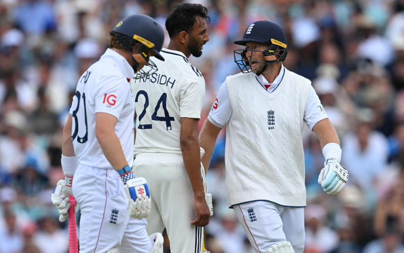 07:59 PM BST, Boycott’s verdict, 07:25 PM BST, Michael Vaughan on BBC Test Match Special, 07:21 PM BST, A tale of three horror drops, 07:17 PM BST, Stumps on day two, 07:15 PM BST, OVER 18: IND 75/2 (Jaiswal 51 Deep 4), 07:10 PM BST, 07:08 PM BST, OVER 17: IND 70/1 (Jaiswal 51 Sudharsan 11), 07:05 PM BST, OVER 16: IND 64/1 (Jaiswal 45 Sudharsan 11), 07:00 PM BST, OVER 15: IND 64/1 (Jaiswal 45 Sudharsan 11), 06:56 PM BST, OVER 14: IND 56/1 (Jaiswal 41 Sudharsan 7), 06:51 PM BST, OVER 13: IND 55/1 (Jaiswal 40 Sudharsan 7), 06:47 PM BST, OVER 12: IND 55/1 (Jaiswal 40 Sudharsan 7), 06:41 PM BST, OVER 11: IND 47/1 (Jaiswal 39 Sudharsan 0), 06:37 PM BST, OVER 10: IND 46/1 (Jaiswal 38 Sudharsan 0), 06:34 PM BST, 06:30 PM BST, OVER 9: IND 41/0 (Jaiswal 33 Rahul 7), 06:25 PM BST, OVER 8: IND 34/0 (Jaiswal 26 Rahul 7), 06:20 PM BST, OVER 7: IND 29/0 (Jaiswal 25 Rahul 3), 06:15 PM BST, OVER 6: IND 28/0 (Jaiswal 24 Rahul 3), 06:11 PM BST, OVER 5: IND 26/0 (Jaiswal 24 Rahul 1), 06:07 PM BST, OVER 4: IND 17/0 (Jaiswal 16 Rahul 0), 06:02 PM BST, OVER 3: IND 12/0 (Jaiswal 12 Rahul 0), 05:58 PM BST, OVER 2: IND 0/0 (Jaiswal 0 Rahul 0), 05:53 PM BST, OVER 1: IND 0/0 (Jaiswal 0 Rahul 0), 05:48 PM BST, India’s second innings, 05:45 PM BST, England bowlers back on their feet, 05:39 PM BST, England bowled out for 247, 05:38 PM BST, OVER 51: ENG 247/8 (Tongue 0 Brook 53), 05:33 PM BST, OVER 50: ENG 246/8 (Tongue 0 Brook 52), 05:28 PM BST, OVER 49: ENG 243/8 (Tongue 0 Brook 49), 05:24 PM BST, Nearly ready for action, 05:16 PM BST, Restart time, 05:16 PM BST, Restart coming soon?, 05:07 PM BST, 05:03 PM BST, Good news!, 04:59 PM BST, Weather update, 04:56 PM BST, Michael Vaughan on BBC Test Match Special, 04:53 PM BST, Nasser Hussain on Sky Sports, 04:52 PM BST, What an image!, 04:41 PM BST, Rain stops play, 04:41 PM BST, OVER 48: ENG 242/8 (Tongue 0 Brook 48), 04:36 PM BST, OVER 47: ENG 235/8 (Tongue 0 Brook 41), 04:34 PM BST, 04:30 PM BST, OVER 46: ENG 230/7 (Atkinson 7 Brook 40), 04:26 PM BST, OVER 45: ENG 224/7 (Atkinson 2 Brook 39), 04:22 PM BST, OVER 44: ENG 220/7 (Atkinson 1 Brook 36), 04:17 PM BST, OVER 43: ENG 215/7 (Atkinson 0 Brook 33), 04:16 PM BST, Evening session, 04:12 PM BST, Tea verdict, 04:11 PM BST, Day for Thorpey, 04:07 PM BST, Inside Duckett’s extraordinary skirmish with Deep, 03:58 PM BST, Momentum shifting, 03:56 PM BST, 03:55 PM BST, 03:49 PM BST, 03:48 PM BST, OVER 42: ENG 215/5 (Smith 8 Brook 33), 03:46 PM BST, OVER 41: ENG 210/5 (Smith 7 Brook 29), 03:41 PM BST, OVER 40: ENG 207/5 (Smith 6 Brook 27), 03:38 PM BST, OVER 39: ENG 201/5 (Smith 5 Brook 22), 03:33 PM BST, OVER 38: ENG 200/5 (Smith 5 Brook 21), 03:29 PM BST, OVER 37: ENG 196/5 (Smith 1 Brook 21), 03:26 PM BST, 03:23 PM BST, OVER 36: ENG 190/4 (Bethell 2 Brook 21), 03:18 PM BST, OVER 35: ENG 186/4 (Bethell 1 Brook 18), 03:12 PM BST, OVER 34: ENG 176/4 (Bethell 0 Brook 9), 03:06 PM BST, 03:01 PM BST, OVER 32: ENG 167/3 (Root 21 Brook 8), 02:56 PM BST, OVER 31: ENG 165/3 (Root 20 Brook 7), 02:48 PM BST, OVER 30: ENG 161/3 (Root 16 Brook 7), 02:44 PM BST, OVER 29: ENG 154/3 (Root 14 Brook 6), 02:39 PM BST, OVER 28: ENG 152/3 (Root 14 Brook 4), 02:33 PM BST, OVER 27: ENG 148/3 (Root 10 Brook 4), 02:29 PM BST, OVER 26: ENG 147/3 (Root 9 Brook 4), 02:25 PM BST, OVER 25: ENG 146/3 (Root 8 Brook 4), 02:21 PM BST, 02:17 PM BST, OVER 24: ENG 142/2 (Root 8 Pope 22), 02:13 PM BST, OVER 23: ENG 138/2 (Root 4 Pope 22), 02:09 PM BST, OVER 22: ENG 134/2 (Root 4 Pope 18), 02:03 PM BST, 02:02 PM BST, OVER 21: ENG 129/1 (Crawley 64 Pope 18), 01:57 PM BST, OVER 20: ENG 126/1 (Crawley 63 Pope 17), 01:53 PM BST, OVER 19: ENG 124/1 (Crawley 62 Pope 16), 01:49 PM BST, OVER 18: ENG 115/1 (Crawley 54 Pope 16), 01:45 PM BST, OVER 17: ENG 110/1 (Crawley 53 Pope 12), 01:40 PM BST, Afternoon session, 01:35 PM BST, Lunchtime verdict, 01:29 PM BST, Friendly or too far?, 01:23 PM BST, A day that is about more than just cricket, 01:17 PM BST, Ravi Shastri on Sky Sports, 01:14 PM BST, Ricky Ponting on Sky Sports, 01:11 PM BST, 01:03 PM BST, England in great position after near perfect session, 01:02 PM BST, OVER 16: ENG 109/1 (Crawley 52 Pope 12), 12:55 PM BST, OVER 15: ENG 105/1 (Crawley 52 Pope 8), 12:52 PM BST, OVER 14: ENG 97/1 (Crawley 47 Pope 5), 12:52 PM BST, OVER 14: ENG 97/1 (Crawley 47 Pope 5), 12:50 PM BST, OVER 13: ENG 93/1 (Crawley 47 Pope 1), 12:47 PM BST, 12:42 PM BST, OVER 12: ENG 92/0 (Crawley 47 Duckett 43), 12:37 PM BST, India may have to turn to spin - on a green top, 12:36 PM BST, OVER 11: ENG 84/0 (Crawley 46 Duckett 37), 12:31 PM BST, OVER 10: ENG 71/0 (Crawley 38 Duckett 32), 12:27 PM BST, OVER 9: ENG 64/0 (Crawley 33 Duckett 30), 12:23 PM BST, OVER 8: ENG 59/0 (Crawley 29 Duckett 29), 12:21 PM BST, India deflated by England onslaught, 12:18 PM BST, OVER 7: ENG 51/0 (Crawley 21 Duckett 29), 12:12 PM BST, OVER 6: ENG 40/0 (Crawley 16 Duckett 23), 12:08 PM BST, OVER 5: ENG 28/0 (Crawley 16 Duckett 11), 12:04 PM BST, A very Bazball answer, 12:04 PM BST, OVER 4: ENG 24/0 (Crawley 12 Duckett 11), 11:54 AM BST, OVER 3: ENG 18/0 (Crawley 12 Duckett 5), 11:48 AM BST, Atkinson shows what England have missed, 11:47 AM BST, OVER 2: ENG 9/0 (Crawley 4 Duckett 4), 11:44 AM BST, OVER 1: ENG 8/0 (Crawley 4 Duckett 3), 11:34 AM BST, Back with a bang, 11:31 AM BST, A quick kill, 11:29 AM BST, 11:27 AM BST, 11:26 AM BST, OVER 69: IND 224/8 (Deep 0, Siraj 0), 11:21 AM BST, OVER 68: IND 220/8 (Deep 0, Siraj 0), 11:19 AM BST, 11:18 AM BST, OVER 67: IND 218/7 (Washington 23, Deep 0), 11:16 AM BST, A Day for Thorpey, 11:10 AM BST, 11:09 AM BST, OVER 66: IND 213/6 (Nair 57, Washington 23), 11:06 AM BST, OVER 65: IND 213/6 (Nair 57, Washington 23), 10:58 AM BST, England’s leading wicket-taker: Joe Root, 10:56 AM BST, Woakes injury puts dampener on the match, 10:35 AM BST, Play to continue until 7pm, 10:31 AM BST, Woakes’ Ashes hopes in the balance, 10:04 AM BST, A Day for Thorpey, 09:53 AM BST, Good morning