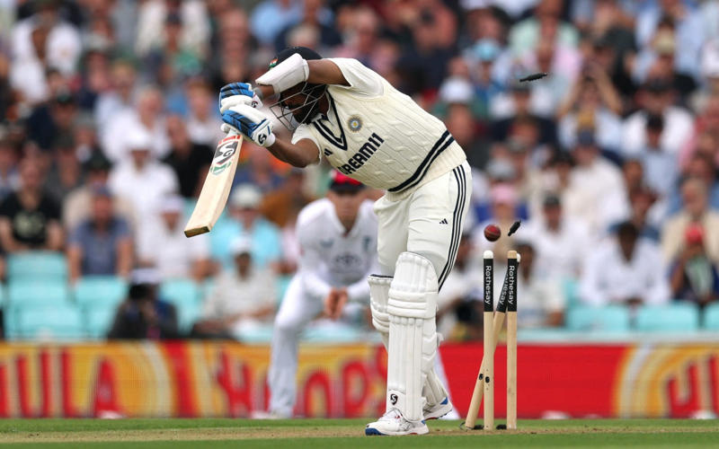 07:59 PM BST, Boycott’s verdict, 07:25 PM BST, Michael Vaughan on BBC Test Match Special, 07:21 PM BST, A tale of three horror drops, 07:17 PM BST, Stumps on day two, 07:15 PM BST, OVER 18: IND 75/2 (Jaiswal 51 Deep 4), 07:10 PM BST, 07:08 PM BST, OVER 17: IND 70/1 (Jaiswal 51 Sudharsan 11), 07:05 PM BST, OVER 16: IND 64/1 (Jaiswal 45 Sudharsan 11), 07:00 PM BST, OVER 15: IND 64/1 (Jaiswal 45 Sudharsan 11), 06:56 PM BST, OVER 14: IND 56/1 (Jaiswal 41 Sudharsan 7), 06:51 PM BST, OVER 13: IND 55/1 (Jaiswal 40 Sudharsan 7), 06:47 PM BST, OVER 12: IND 55/1 (Jaiswal 40 Sudharsan 7), 06:41 PM BST, OVER 11: IND 47/1 (Jaiswal 39 Sudharsan 0), 06:37 PM BST, OVER 10: IND 46/1 (Jaiswal 38 Sudharsan 0), 06:34 PM BST, 06:30 PM BST, OVER 9: IND 41/0 (Jaiswal 33 Rahul 7), 06:25 PM BST, OVER 8: IND 34/0 (Jaiswal 26 Rahul 7), 06:20 PM BST, OVER 7: IND 29/0 (Jaiswal 25 Rahul 3), 06:15 PM BST, OVER 6: IND 28/0 (Jaiswal 24 Rahul 3), 06:11 PM BST, OVER 5: IND 26/0 (Jaiswal 24 Rahul 1), 06:07 PM BST, OVER 4: IND 17/0 (Jaiswal 16 Rahul 0), 06:02 PM BST, OVER 3: IND 12/0 (Jaiswal 12 Rahul 0), 05:58 PM BST, OVER 2: IND 0/0 (Jaiswal 0 Rahul 0), 05:53 PM BST, OVER 1: IND 0/0 (Jaiswal 0 Rahul 0), 05:48 PM BST, India’s second innings, 05:45 PM BST, England bowlers back on their feet, 05:39 PM BST, England bowled out for 247, 05:38 PM BST, OVER 51: ENG 247/8 (Tongue 0 Brook 53), 05:33 PM BST, OVER 50: ENG 246/8 (Tongue 0 Brook 52), 05:28 PM BST, OVER 49: ENG 243/8 (Tongue 0 Brook 49), 05:24 PM BST, Nearly ready for action, 05:16 PM BST, Restart time, 05:16 PM BST, Restart coming soon?, 05:07 PM BST, 05:03 PM BST, Good news!, 04:59 PM BST, Weather update, 04:56 PM BST, Michael Vaughan on BBC Test Match Special, 04:53 PM BST, Nasser Hussain on Sky Sports, 04:52 PM BST, What an image!, 04:41 PM BST, Rain stops play, 04:41 PM BST, OVER 48: ENG 242/8 (Tongue 0 Brook 48), 04:36 PM BST, OVER 47: ENG 235/8 (Tongue 0 Brook 41), 04:34 PM BST, 04:30 PM BST, OVER 46: ENG 230/7 (Atkinson 7 Brook 40), 04:26 PM BST, OVER 45: ENG 224/7 (Atkinson 2 Brook 39), 04:22 PM BST, OVER 44: ENG 220/7 (Atkinson 1 Brook 36), 04:17 PM BST, OVER 43: ENG 215/7 (Atkinson 0 Brook 33), 04:16 PM BST, Evening session, 04:12 PM BST, Tea verdict, 04:11 PM BST, Day for Thorpey, 04:07 PM BST, Inside Duckett’s extraordinary skirmish with Deep, 03:58 PM BST, Momentum shifting, 03:56 PM BST, 03:55 PM BST, 03:49 PM BST, 03:48 PM BST, OVER 42: ENG 215/5 (Smith 8 Brook 33), 03:46 PM BST, OVER 41: ENG 210/5 (Smith 7 Brook 29), 03:41 PM BST, OVER 40: ENG 207/5 (Smith 6 Brook 27), 03:38 PM BST, OVER 39: ENG 201/5 (Smith 5 Brook 22), 03:33 PM BST, OVER 38: ENG 200/5 (Smith 5 Brook 21), 03:29 PM BST, OVER 37: ENG 196/5 (Smith 1 Brook 21), 03:26 PM BST, 03:23 PM BST, OVER 36: ENG 190/4 (Bethell 2 Brook 21), 03:18 PM BST, OVER 35: ENG 186/4 (Bethell 1 Brook 18), 03:12 PM BST, OVER 34: ENG 176/4 (Bethell 0 Brook 9), 03:06 PM BST, 03:01 PM BST, OVER 32: ENG 167/3 (Root 21 Brook 8), 02:56 PM BST, OVER 31: ENG 165/3 (Root 20 Brook 7), 02:48 PM BST, OVER 30: ENG 161/3 (Root 16 Brook 7), 02:44 PM BST, OVER 29: ENG 154/3 (Root 14 Brook 6), 02:39 PM BST, OVER 28: ENG 152/3 (Root 14 Brook 4), 02:33 PM BST, OVER 27: ENG 148/3 (Root 10 Brook 4), 02:29 PM BST, OVER 26: ENG 147/3 (Root 9 Brook 4), 02:25 PM BST, OVER 25: ENG 146/3 (Root 8 Brook 4), 02:21 PM BST, 02:17 PM BST, OVER 24: ENG 142/2 (Root 8 Pope 22), 02:13 PM BST, OVER 23: ENG 138/2 (Root 4 Pope 22), 02:09 PM BST, OVER 22: ENG 134/2 (Root 4 Pope 18), 02:03 PM BST, 02:02 PM BST, OVER 21: ENG 129/1 (Crawley 64 Pope 18), 01:57 PM BST, OVER 20: ENG 126/1 (Crawley 63 Pope 17), 01:53 PM BST, OVER 19: ENG 124/1 (Crawley 62 Pope 16), 01:49 PM BST, OVER 18: ENG 115/1 (Crawley 54 Pope 16), 01:45 PM BST, OVER 17: ENG 110/1 (Crawley 53 Pope 12), 01:40 PM BST, Afternoon session, 01:35 PM BST, Lunchtime verdict, 01:29 PM BST, Friendly or too far?, 01:23 PM BST, A day that is about more than just cricket, 01:17 PM BST, Ravi Shastri on Sky Sports, 01:14 PM BST, Ricky Ponting on Sky Sports, 01:11 PM BST, 01:03 PM BST, England in great position after near perfect session, 01:02 PM BST, OVER 16: ENG 109/1 (Crawley 52 Pope 12), 12:55 PM BST, OVER 15: ENG 105/1 (Crawley 52 Pope 8), 12:52 PM BST, OVER 14: ENG 97/1 (Crawley 47 Pope 5), 12:52 PM BST, OVER 14: ENG 97/1 (Crawley 47 Pope 5), 12:50 PM BST, OVER 13: ENG 93/1 (Crawley 47 Pope 1), 12:47 PM BST, 12:42 PM BST, OVER 12: ENG 92/0 (Crawley 47 Duckett 43), 12:37 PM BST, India may have to turn to spin - on a green top, 12:36 PM BST, OVER 11: ENG 84/0 (Crawley 46 Duckett 37), 12:31 PM BST, OVER 10: ENG 71/0 (Crawley 38 Duckett 32), 12:27 PM BST, OVER 9: ENG 64/0 (Crawley 33 Duckett 30), 12:23 PM BST, OVER 8: ENG 59/0 (Crawley 29 Duckett 29), 12:21 PM BST, India deflated by England onslaught, 12:18 PM BST, OVER 7: ENG 51/0 (Crawley 21 Duckett 29), 12:12 PM BST, OVER 6: ENG 40/0 (Crawley 16 Duckett 23), 12:08 PM BST, OVER 5: ENG 28/0 (Crawley 16 Duckett 11), 12:04 PM BST, A very Bazball answer, 12:04 PM BST, OVER 4: ENG 24/0 (Crawley 12 Duckett 11), 11:54 AM BST, OVER 3: ENG 18/0 (Crawley 12 Duckett 5), 11:48 AM BST, Atkinson shows what England have missed, 11:47 AM BST, OVER 2: ENG 9/0 (Crawley 4 Duckett 4), 11:44 AM BST, OVER 1: ENG 8/0 (Crawley 4 Duckett 3), 11:34 AM BST, Back with a bang, 11:31 AM BST, A quick kill, 11:29 AM BST, 11:27 AM BST, 11:26 AM BST, OVER 69: IND 224/8 (Deep 0, Siraj 0), 11:21 AM BST, OVER 68: IND 220/8 (Deep 0, Siraj 0), 11:19 AM BST, 11:18 AM BST, OVER 67: IND 218/7 (Washington 23, Deep 0), 11:16 AM BST, A Day for Thorpey, 11:10 AM BST, 11:09 AM BST, OVER 66: IND 213/6 (Nair 57, Washington 23), 11:06 AM BST, OVER 65: IND 213/6 (Nair 57, Washington 23), 10:58 AM BST, England’s leading wicket-taker: Joe Root, 10:56 AM BST, Woakes injury puts dampener on the match, 10:35 AM BST, Play to continue until 7pm, 10:31 AM BST, Woakes’ Ashes hopes in the balance, 10:04 AM BST, A Day for Thorpey, 09:53 AM BST, Good morning