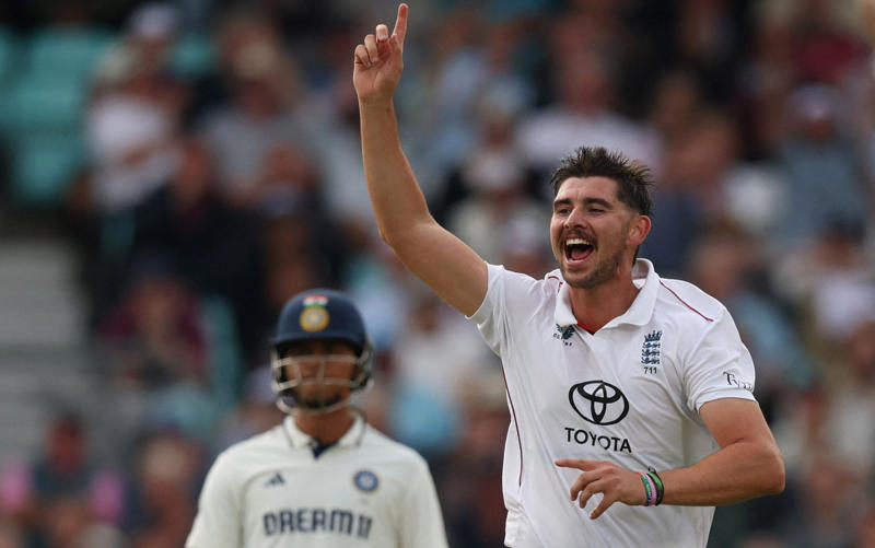 07:59 PM BST, Boycott’s verdict, 07:25 PM BST, Michael Vaughan on BBC Test Match Special, 07:21 PM BST, A tale of three horror drops, 07:17 PM BST, Stumps on day two, 07:15 PM BST, OVER 18: IND 75/2 (Jaiswal 51 Deep 4), 07:10 PM BST, 07:08 PM BST, OVER 17: IND 70/1 (Jaiswal 51 Sudharsan 11), 07:05 PM BST, OVER 16: IND 64/1 (Jaiswal 45 Sudharsan 11), 07:00 PM BST, OVER 15: IND 64/1 (Jaiswal 45 Sudharsan 11), 06:56 PM BST, OVER 14: IND 56/1 (Jaiswal 41 Sudharsan 7), 06:51 PM BST, OVER 13: IND 55/1 (Jaiswal 40 Sudharsan 7), 06:47 PM BST, OVER 12: IND 55/1 (Jaiswal 40 Sudharsan 7), 06:41 PM BST, OVER 11: IND 47/1 (Jaiswal 39 Sudharsan 0), 06:37 PM BST, OVER 10: IND 46/1 (Jaiswal 38 Sudharsan 0), 06:34 PM BST, 06:30 PM BST, OVER 9: IND 41/0 (Jaiswal 33 Rahul 7), 06:25 PM BST, OVER 8: IND 34/0 (Jaiswal 26 Rahul 7), 06:20 PM BST, OVER 7: IND 29/0 (Jaiswal 25 Rahul 3), 06:15 PM BST, OVER 6: IND 28/0 (Jaiswal 24 Rahul 3), 06:11 PM BST, OVER 5: IND 26/0 (Jaiswal 24 Rahul 1), 06:07 PM BST, OVER 4: IND 17/0 (Jaiswal 16 Rahul 0), 06:02 PM BST, OVER 3: IND 12/0 (Jaiswal 12 Rahul 0), 05:58 PM BST, OVER 2: IND 0/0 (Jaiswal 0 Rahul 0), 05:53 PM BST, OVER 1: IND 0/0 (Jaiswal 0 Rahul 0), 05:48 PM BST, India’s second innings, 05:45 PM BST, England bowlers back on their feet, 05:39 PM BST, England bowled out for 247, 05:38 PM BST, OVER 51: ENG 247/8 (Tongue 0 Brook 53), 05:33 PM BST, OVER 50: ENG 246/8 (Tongue 0 Brook 52), 05:28 PM BST, OVER 49: ENG 243/8 (Tongue 0 Brook 49), 05:24 PM BST, Nearly ready for action, 05:16 PM BST, Restart time, 05:16 PM BST, Restart coming soon?, 05:07 PM BST, 05:03 PM BST, Good news!, 04:59 PM BST, Weather update, 04:56 PM BST, Michael Vaughan on BBC Test Match Special, 04:53 PM BST, Nasser Hussain on Sky Sports, 04:52 PM BST, What an image!, 04:41 PM BST, Rain stops play, 04:41 PM BST, OVER 48: ENG 242/8 (Tongue 0 Brook 48), 04:36 PM BST, OVER 47: ENG 235/8 (Tongue 0 Brook 41), 04:34 PM BST, 04:30 PM BST, OVER 46: ENG 230/7 (Atkinson 7 Brook 40), 04:26 PM BST, OVER 45: ENG 224/7 (Atkinson 2 Brook 39), 04:22 PM BST, OVER 44: ENG 220/7 (Atkinson 1 Brook 36), 04:17 PM BST, OVER 43: ENG 215/7 (Atkinson 0 Brook 33), 04:16 PM BST, Evening session, 04:12 PM BST, Tea verdict, 04:11 PM BST, Day for Thorpey, 04:07 PM BST, Inside Duckett’s extraordinary skirmish with Deep, 03:58 PM BST, Momentum shifting, 03:56 PM BST, 03:55 PM BST, 03:49 PM BST, 03:48 PM BST, OVER 42: ENG 215/5 (Smith 8 Brook 33), 03:46 PM BST, OVER 41: ENG 210/5 (Smith 7 Brook 29), 03:41 PM BST, OVER 40: ENG 207/5 (Smith 6 Brook 27), 03:38 PM BST, OVER 39: ENG 201/5 (Smith 5 Brook 22), 03:33 PM BST, OVER 38: ENG 200/5 (Smith 5 Brook 21), 03:29 PM BST, OVER 37: ENG 196/5 (Smith 1 Brook 21), 03:26 PM BST, 03:23 PM BST, OVER 36: ENG 190/4 (Bethell 2 Brook 21), 03:18 PM BST, OVER 35: ENG 186/4 (Bethell 1 Brook 18), 03:12 PM BST, OVER 34: ENG 176/4 (Bethell 0 Brook 9), 03:06 PM BST, 03:01 PM BST, OVER 32: ENG 167/3 (Root 21 Brook 8), 02:56 PM BST, OVER 31: ENG 165/3 (Root 20 Brook 7), 02:48 PM BST, OVER 30: ENG 161/3 (Root 16 Brook 7), 02:44 PM BST, OVER 29: ENG 154/3 (Root 14 Brook 6), 02:39 PM BST, OVER 28: ENG 152/3 (Root 14 Brook 4), 02:33 PM BST, OVER 27: ENG 148/3 (Root 10 Brook 4), 02:29 PM BST, OVER 26: ENG 147/3 (Root 9 Brook 4), 02:25 PM BST, OVER 25: ENG 146/3 (Root 8 Brook 4), 02:21 PM BST, 02:17 PM BST, OVER 24: ENG 142/2 (Root 8 Pope 22), 02:13 PM BST, OVER 23: ENG 138/2 (Root 4 Pope 22), 02:09 PM BST, OVER 22: ENG 134/2 (Root 4 Pope 18), 02:03 PM BST, 02:02 PM BST, OVER 21: ENG 129/1 (Crawley 64 Pope 18), 01:57 PM BST, OVER 20: ENG 126/1 (Crawley 63 Pope 17), 01:53 PM BST, OVER 19: ENG 124/1 (Crawley 62 Pope 16), 01:49 PM BST, OVER 18: ENG 115/1 (Crawley 54 Pope 16), 01:45 PM BST, OVER 17: ENG 110/1 (Crawley 53 Pope 12), 01:40 PM BST, Afternoon session, 01:35 PM BST, Lunchtime verdict, 01:29 PM BST, Friendly or too far?, 01:23 PM BST, A day that is about more than just cricket, 01:17 PM BST, Ravi Shastri on Sky Sports, 01:14 PM BST, Ricky Ponting on Sky Sports, 01:11 PM BST, 01:03 PM BST, England in great position after near perfect session, 01:02 PM BST, OVER 16: ENG 109/1 (Crawley 52 Pope 12), 12:55 PM BST, OVER 15: ENG 105/1 (Crawley 52 Pope 8), 12:52 PM BST, OVER 14: ENG 97/1 (Crawley 47 Pope 5), 12:52 PM BST, OVER 14: ENG 97/1 (Crawley 47 Pope 5), 12:50 PM BST, OVER 13: ENG 93/1 (Crawley 47 Pope 1), 12:47 PM BST, 12:42 PM BST, OVER 12: ENG 92/0 (Crawley 47 Duckett 43), 12:37 PM BST, India may have to turn to spin - on a green top, 12:36 PM BST, OVER 11: ENG 84/0 (Crawley 46 Duckett 37), 12:31 PM BST, OVER 10: ENG 71/0 (Crawley 38 Duckett 32), 12:27 PM BST, OVER 9: ENG 64/0 (Crawley 33 Duckett 30), 12:23 PM BST, OVER 8: ENG 59/0 (Crawley 29 Duckett 29), 12:21 PM BST, India deflated by England onslaught, 12:18 PM BST, OVER 7: ENG 51/0 (Crawley 21 Duckett 29), 12:12 PM BST, OVER 6: ENG 40/0 (Crawley 16 Duckett 23), 12:08 PM BST, OVER 5: ENG 28/0 (Crawley 16 Duckett 11), 12:04 PM BST, A very Bazball answer, 12:04 PM BST, OVER 4: ENG 24/0 (Crawley 12 Duckett 11), 11:54 AM BST, OVER 3: ENG 18/0 (Crawley 12 Duckett 5), 11:48 AM BST, Atkinson shows what England have missed, 11:47 AM BST, OVER 2: ENG 9/0 (Crawley 4 Duckett 4), 11:44 AM BST, OVER 1: ENG 8/0 (Crawley 4 Duckett 3), 11:34 AM BST, Back with a bang, 11:31 AM BST, A quick kill, 11:29 AM BST, 11:27 AM BST, 11:26 AM BST, OVER 69: IND 224/8 (Deep 0, Siraj 0), 11:21 AM BST, OVER 68: IND 220/8 (Deep 0, Siraj 0), 11:19 AM BST, 11:18 AM BST, OVER 67: IND 218/7 (Washington 23, Deep 0), 11:16 AM BST, A Day for Thorpey, 11:10 AM BST, 11:09 AM BST, OVER 66: IND 213/6 (Nair 57, Washington 23), 11:06 AM BST, OVER 65: IND 213/6 (Nair 57, Washington 23), 10:58 AM BST, England’s leading wicket-taker: Joe Root, 10:56 AM BST, Woakes injury puts dampener on the match, 10:35 AM BST, Play to continue until 7pm, 10:31 AM BST, Woakes’ Ashes hopes in the balance, 10:04 AM BST, A Day for Thorpey, 09:53 AM BST, Good morning
