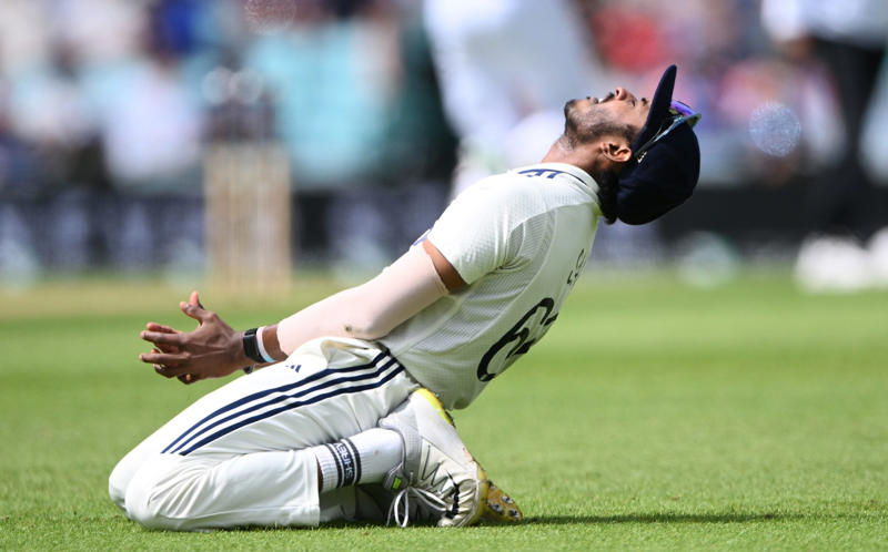 07:59 PM BST, Boycott’s verdict, 07:25 PM BST, Michael Vaughan on BBC Test Match Special, 07:21 PM BST, A tale of three horror drops, 07:17 PM BST, Stumps on day two, 07:15 PM BST, OVER 18: IND 75/2 (Jaiswal 51 Deep 4), 07:10 PM BST, 07:08 PM BST, OVER 17: IND 70/1 (Jaiswal 51 Sudharsan 11), 07:05 PM BST, OVER 16: IND 64/1 (Jaiswal 45 Sudharsan 11), 07:00 PM BST, OVER 15: IND 64/1 (Jaiswal 45 Sudharsan 11), 06:56 PM BST, OVER 14: IND 56/1 (Jaiswal 41 Sudharsan 7), 06:51 PM BST, OVER 13: IND 55/1 (Jaiswal 40 Sudharsan 7), 06:47 PM BST, OVER 12: IND 55/1 (Jaiswal 40 Sudharsan 7), 06:41 PM BST, OVER 11: IND 47/1 (Jaiswal 39 Sudharsan 0), 06:37 PM BST, OVER 10: IND 46/1 (Jaiswal 38 Sudharsan 0), 06:34 PM BST, 06:30 PM BST, OVER 9: IND 41/0 (Jaiswal 33 Rahul 7), 06:25 PM BST, OVER 8: IND 34/0 (Jaiswal 26 Rahul 7), 06:20 PM BST, OVER 7: IND 29/0 (Jaiswal 25 Rahul 3), 06:15 PM BST, OVER 6: IND 28/0 (Jaiswal 24 Rahul 3), 06:11 PM BST, OVER 5: IND 26/0 (Jaiswal 24 Rahul 1), 06:07 PM BST, OVER 4: IND 17/0 (Jaiswal 16 Rahul 0), 06:02 PM BST, OVER 3: IND 12/0 (Jaiswal 12 Rahul 0), 05:58 PM BST, OVER 2: IND 0/0 (Jaiswal 0 Rahul 0), 05:53 PM BST, OVER 1: IND 0/0 (Jaiswal 0 Rahul 0), 05:48 PM BST, India’s second innings, 05:45 PM BST, England bowlers back on their feet, 05:39 PM BST, England bowled out for 247, 05:38 PM BST, OVER 51: ENG 247/8 (Tongue 0 Brook 53), 05:33 PM BST, OVER 50: ENG 246/8 (Tongue 0 Brook 52), 05:28 PM BST, OVER 49: ENG 243/8 (Tongue 0 Brook 49), 05:24 PM BST, Nearly ready for action, 05:16 PM BST, Restart time, 05:16 PM BST, Restart coming soon?, 05:07 PM BST, 05:03 PM BST, Good news!, 04:59 PM BST, Weather update, 04:56 PM BST, Michael Vaughan on BBC Test Match Special, 04:53 PM BST, Nasser Hussain on Sky Sports, 04:52 PM BST, What an image!, 04:41 PM BST, Rain stops play, 04:41 PM BST, OVER 48: ENG 242/8 (Tongue 0 Brook 48), 04:36 PM BST, OVER 47: ENG 235/8 (Tongue 0 Brook 41), 04:34 PM BST, 04:30 PM BST, OVER 46: ENG 230/7 (Atkinson 7 Brook 40), 04:26 PM BST, OVER 45: ENG 224/7 (Atkinson 2 Brook 39), 04:22 PM BST, OVER 44: ENG 220/7 (Atkinson 1 Brook 36), 04:17 PM BST, OVER 43: ENG 215/7 (Atkinson 0 Brook 33), 04:16 PM BST, Evening session, 04:12 PM BST, Tea verdict, 04:11 PM BST, Day for Thorpey, 04:07 PM BST, Inside Duckett’s extraordinary skirmish with Deep, 03:58 PM BST, Momentum shifting, 03:56 PM BST, 03:55 PM BST, 03:49 PM BST, 03:48 PM BST, OVER 42: ENG 215/5 (Smith 8 Brook 33), 03:46 PM BST, OVER 41: ENG 210/5 (Smith 7 Brook 29), 03:41 PM BST, OVER 40: ENG 207/5 (Smith 6 Brook 27), 03:38 PM BST, OVER 39: ENG 201/5 (Smith 5 Brook 22), 03:33 PM BST, OVER 38: ENG 200/5 (Smith 5 Brook 21), 03:29 PM BST, OVER 37: ENG 196/5 (Smith 1 Brook 21), 03:26 PM BST, 03:23 PM BST, OVER 36: ENG 190/4 (Bethell 2 Brook 21), 03:18 PM BST, OVER 35: ENG 186/4 (Bethell 1 Brook 18), 03:12 PM BST, OVER 34: ENG 176/4 (Bethell 0 Brook 9), 03:06 PM BST, 03:01 PM BST, OVER 32: ENG 167/3 (Root 21 Brook 8), 02:56 PM BST, OVER 31: ENG 165/3 (Root 20 Brook 7), 02:48 PM BST, OVER 30: ENG 161/3 (Root 16 Brook 7), 02:44 PM BST, OVER 29: ENG 154/3 (Root 14 Brook 6), 02:39 PM BST, OVER 28: ENG 152/3 (Root 14 Brook 4), 02:33 PM BST, OVER 27: ENG 148/3 (Root 10 Brook 4), 02:29 PM BST, OVER 26: ENG 147/3 (Root 9 Brook 4), 02:25 PM BST, OVER 25: ENG 146/3 (Root 8 Brook 4), 02:21 PM BST, 02:17 PM BST, OVER 24: ENG 142/2 (Root 8 Pope 22), 02:13 PM BST, OVER 23: ENG 138/2 (Root 4 Pope 22), 02:09 PM BST, OVER 22: ENG 134/2 (Root 4 Pope 18), 02:03 PM BST, 02:02 PM BST, OVER 21: ENG 129/1 (Crawley 64 Pope 18), 01:57 PM BST, OVER 20: ENG 126/1 (Crawley 63 Pope 17), 01:53 PM BST, OVER 19: ENG 124/1 (Crawley 62 Pope 16), 01:49 PM BST, OVER 18: ENG 115/1 (Crawley 54 Pope 16), 01:45 PM BST, OVER 17: ENG 110/1 (Crawley 53 Pope 12), 01:40 PM BST, Afternoon session, 01:35 PM BST, Lunchtime verdict, 01:29 PM BST, Friendly or too far?, 01:23 PM BST, A day that is about more than just cricket, 01:17 PM BST, Ravi Shastri on Sky Sports, 01:14 PM BST, Ricky Ponting on Sky Sports, 01:11 PM BST, 01:03 PM BST, England in great position after near perfect session, 01:02 PM BST, OVER 16: ENG 109/1 (Crawley 52 Pope 12), 12:55 PM BST, OVER 15: ENG 105/1 (Crawley 52 Pope 8), 12:52 PM BST, OVER 14: ENG 97/1 (Crawley 47 Pope 5), 12:52 PM BST, OVER 14: ENG 97/1 (Crawley 47 Pope 5), 12:50 PM BST, OVER 13: ENG 93/1 (Crawley 47 Pope 1), 12:47 PM BST, 12:42 PM BST, OVER 12: ENG 92/0 (Crawley 47 Duckett 43), 12:37 PM BST, India may have to turn to spin - on a green top, 12:36 PM BST, OVER 11: ENG 84/0 (Crawley 46 Duckett 37), 12:31 PM BST, OVER 10: ENG 71/0 (Crawley 38 Duckett 32), 12:27 PM BST, OVER 9: ENG 64/0 (Crawley 33 Duckett 30), 12:23 PM BST, OVER 8: ENG 59/0 (Crawley 29 Duckett 29), 12:21 PM BST, India deflated by England onslaught, 12:18 PM BST, OVER 7: ENG 51/0 (Crawley 21 Duckett 29), 12:12 PM BST, OVER 6: ENG 40/0 (Crawley 16 Duckett 23), 12:08 PM BST, OVER 5: ENG 28/0 (Crawley 16 Duckett 11), 12:04 PM BST, A very Bazball answer, 12:04 PM BST, OVER 4: ENG 24/0 (Crawley 12 Duckett 11), 11:54 AM BST, OVER 3: ENG 18/0 (Crawley 12 Duckett 5), 11:48 AM BST, Atkinson shows what England have missed, 11:47 AM BST, OVER 2: ENG 9/0 (Crawley 4 Duckett 4), 11:44 AM BST, OVER 1: ENG 8/0 (Crawley 4 Duckett 3), 11:34 AM BST, Back with a bang, 11:31 AM BST, A quick kill, 11:29 AM BST, 11:27 AM BST, 11:26 AM BST, OVER 69: IND 224/8 (Deep 0, Siraj 0), 11:21 AM BST, OVER 68: IND 220/8 (Deep 0, Siraj 0), 11:19 AM BST, 11:18 AM BST, OVER 67: IND 218/7 (Washington 23, Deep 0), 11:16 AM BST, A Day for Thorpey, 11:10 AM BST, 11:09 AM BST, OVER 66: IND 213/6 (Nair 57, Washington 23), 11:06 AM BST, OVER 65: IND 213/6 (Nair 57, Washington 23), 10:58 AM BST, England’s leading wicket-taker: Joe Root, 10:56 AM BST, Woakes injury puts dampener on the match, 10:35 AM BST, Play to continue until 7pm, 10:31 AM BST, Woakes’ Ashes hopes in the balance, 10:04 AM BST, A Day for Thorpey, 09:53 AM BST, Good morning