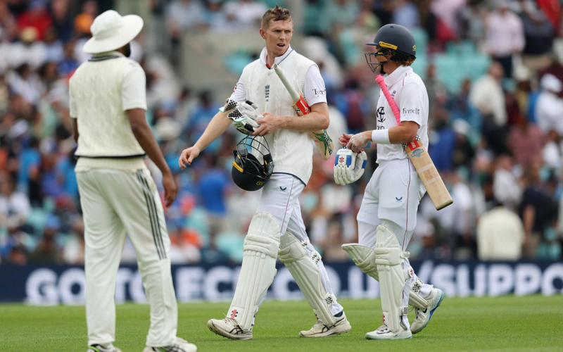 07:59 PM BST, Boycott’s verdict, 07:25 PM BST, Michael Vaughan on BBC Test Match Special, 07:21 PM BST, A tale of three horror drops, 07:17 PM BST, Stumps on day two, 07:15 PM BST, OVER 18: IND 75/2 (Jaiswal 51 Deep 4), 07:10 PM BST, 07:08 PM BST, OVER 17: IND 70/1 (Jaiswal 51 Sudharsan 11), 07:05 PM BST, OVER 16: IND 64/1 (Jaiswal 45 Sudharsan 11), 07:00 PM BST, OVER 15: IND 64/1 (Jaiswal 45 Sudharsan 11), 06:56 PM BST, OVER 14: IND 56/1 (Jaiswal 41 Sudharsan 7), 06:51 PM BST, OVER 13: IND 55/1 (Jaiswal 40 Sudharsan 7), 06:47 PM BST, OVER 12: IND 55/1 (Jaiswal 40 Sudharsan 7), 06:41 PM BST, OVER 11: IND 47/1 (Jaiswal 39 Sudharsan 0), 06:37 PM BST, OVER 10: IND 46/1 (Jaiswal 38 Sudharsan 0), 06:34 PM BST, 06:30 PM BST, OVER 9: IND 41/0 (Jaiswal 33 Rahul 7), 06:25 PM BST, OVER 8: IND 34/0 (Jaiswal 26 Rahul 7), 06:20 PM BST, OVER 7: IND 29/0 (Jaiswal 25 Rahul 3), 06:15 PM BST, OVER 6: IND 28/0 (Jaiswal 24 Rahul 3), 06:11 PM BST, OVER 5: IND 26/0 (Jaiswal 24 Rahul 1), 06:07 PM BST, OVER 4: IND 17/0 (Jaiswal 16 Rahul 0), 06:02 PM BST, OVER 3: IND 12/0 (Jaiswal 12 Rahul 0), 05:58 PM BST, OVER 2: IND 0/0 (Jaiswal 0 Rahul 0), 05:53 PM BST, OVER 1: IND 0/0 (Jaiswal 0 Rahul 0), 05:48 PM BST, India’s second innings, 05:45 PM BST, England bowlers back on their feet, 05:39 PM BST, England bowled out for 247, 05:38 PM BST, OVER 51: ENG 247/8 (Tongue 0 Brook 53), 05:33 PM BST, OVER 50: ENG 246/8 (Tongue 0 Brook 52), 05:28 PM BST, OVER 49: ENG 243/8 (Tongue 0 Brook 49), 05:24 PM BST, Nearly ready for action, 05:16 PM BST, Restart time, 05:16 PM BST, Restart coming soon?, 05:07 PM BST, 05:03 PM BST, Good news!, 04:59 PM BST, Weather update, 04:56 PM BST, Michael Vaughan on BBC Test Match Special, 04:53 PM BST, Nasser Hussain on Sky Sports, 04:52 PM BST, What an image!, 04:41 PM BST, Rain stops play, 04:41 PM BST, OVER 48: ENG 242/8 (Tongue 0 Brook 48), 04:36 PM BST, OVER 47: ENG 235/8 (Tongue 0 Brook 41), 04:34 PM BST, 04:30 PM BST, OVER 46: ENG 230/7 (Atkinson 7 Brook 40), 04:26 PM BST, OVER 45: ENG 224/7 (Atkinson 2 Brook 39), 04:22 PM BST, OVER 44: ENG 220/7 (Atkinson 1 Brook 36), 04:17 PM BST, OVER 43: ENG 215/7 (Atkinson 0 Brook 33), 04:16 PM BST, Evening session, 04:12 PM BST, Tea verdict, 04:11 PM BST, Day for Thorpey, 04:07 PM BST, Inside Duckett’s extraordinary skirmish with Deep, 03:58 PM BST, Momentum shifting, 03:56 PM BST, 03:55 PM BST, 03:49 PM BST, 03:48 PM BST, OVER 42: ENG 215/5 (Smith 8 Brook 33), 03:46 PM BST, OVER 41: ENG 210/5 (Smith 7 Brook 29), 03:41 PM BST, OVER 40: ENG 207/5 (Smith 6 Brook 27), 03:38 PM BST, OVER 39: ENG 201/5 (Smith 5 Brook 22), 03:33 PM BST, OVER 38: ENG 200/5 (Smith 5 Brook 21), 03:29 PM BST, OVER 37: ENG 196/5 (Smith 1 Brook 21), 03:26 PM BST, 03:23 PM BST, OVER 36: ENG 190/4 (Bethell 2 Brook 21), 03:18 PM BST, OVER 35: ENG 186/4 (Bethell 1 Brook 18), 03:12 PM BST, OVER 34: ENG 176/4 (Bethell 0 Brook 9), 03:06 PM BST, 03:01 PM BST, OVER 32: ENG 167/3 (Root 21 Brook 8), 02:56 PM BST, OVER 31: ENG 165/3 (Root 20 Brook 7), 02:48 PM BST, OVER 30: ENG 161/3 (Root 16 Brook 7), 02:44 PM BST, OVER 29: ENG 154/3 (Root 14 Brook 6), 02:39 PM BST, OVER 28: ENG 152/3 (Root 14 Brook 4), 02:33 PM BST, OVER 27: ENG 148/3 (Root 10 Brook 4), 02:29 PM BST, OVER 26: ENG 147/3 (Root 9 Brook 4), 02:25 PM BST, OVER 25: ENG 146/3 (Root 8 Brook 4), 02:21 PM BST, 02:17 PM BST, OVER 24: ENG 142/2 (Root 8 Pope 22), 02:13 PM BST, OVER 23: ENG 138/2 (Root 4 Pope 22), 02:09 PM BST, OVER 22: ENG 134/2 (Root 4 Pope 18), 02:03 PM BST, 02:02 PM BST, OVER 21: ENG 129/1 (Crawley 64 Pope 18), 01:57 PM BST, OVER 20: ENG 126/1 (Crawley 63 Pope 17), 01:53 PM BST, OVER 19: ENG 124/1 (Crawley 62 Pope 16), 01:49 PM BST, OVER 18: ENG 115/1 (Crawley 54 Pope 16), 01:45 PM BST, OVER 17: ENG 110/1 (Crawley 53 Pope 12), 01:40 PM BST, Afternoon session, 01:35 PM BST, Lunchtime verdict, 01:29 PM BST, Friendly or too far?, 01:23 PM BST, A day that is about more than just cricket, 01:17 PM BST, Ravi Shastri on Sky Sports, 01:14 PM BST, Ricky Ponting on Sky Sports, 01:11 PM BST, 01:03 PM BST, England in great position after near perfect session, 01:02 PM BST, OVER 16: ENG 109/1 (Crawley 52 Pope 12), 12:55 PM BST, OVER 15: ENG 105/1 (Crawley 52 Pope 8), 12:52 PM BST, OVER 14: ENG 97/1 (Crawley 47 Pope 5), 12:52 PM BST, OVER 14: ENG 97/1 (Crawley 47 Pope 5), 12:50 PM BST, OVER 13: ENG 93/1 (Crawley 47 Pope 1), 12:47 PM BST, 12:42 PM BST, OVER 12: ENG 92/0 (Crawley 47 Duckett 43), 12:37 PM BST, India may have to turn to spin - on a green top, 12:36 PM BST, OVER 11: ENG 84/0 (Crawley 46 Duckett 37), 12:31 PM BST, OVER 10: ENG 71/0 (Crawley 38 Duckett 32), 12:27 PM BST, OVER 9: ENG 64/0 (Crawley 33 Duckett 30), 12:23 PM BST, OVER 8: ENG 59/0 (Crawley 29 Duckett 29), 12:21 PM BST, India deflated by England onslaught, 12:18 PM BST, OVER 7: ENG 51/0 (Crawley 21 Duckett 29), 12:12 PM BST, OVER 6: ENG 40/0 (Crawley 16 Duckett 23), 12:08 PM BST, OVER 5: ENG 28/0 (Crawley 16 Duckett 11), 12:04 PM BST, A very Bazball answer, 12:04 PM BST, OVER 4: ENG 24/0 (Crawley 12 Duckett 11), 11:54 AM BST, OVER 3: ENG 18/0 (Crawley 12 Duckett 5), 11:48 AM BST, Atkinson shows what England have missed, 11:47 AM BST, OVER 2: ENG 9/0 (Crawley 4 Duckett 4), 11:44 AM BST, OVER 1: ENG 8/0 (Crawley 4 Duckett 3), 11:34 AM BST, Back with a bang, 11:31 AM BST, A quick kill, 11:29 AM BST, 11:27 AM BST, 11:26 AM BST, OVER 69: IND 224/8 (Deep 0, Siraj 0), 11:21 AM BST, OVER 68: IND 220/8 (Deep 0, Siraj 0), 11:19 AM BST, 11:18 AM BST, OVER 67: IND 218/7 (Washington 23, Deep 0), 11:16 AM BST, A Day for Thorpey, 11:10 AM BST, 11:09 AM BST, OVER 66: IND 213/6 (Nair 57, Washington 23), 11:06 AM BST, OVER 65: IND 213/6 (Nair 57, Washington 23), 10:58 AM BST, England’s leading wicket-taker: Joe Root, 10:56 AM BST, Woakes injury puts dampener on the match, 10:35 AM BST, Play to continue until 7pm, 10:31 AM BST, Woakes’ Ashes hopes in the balance, 10:04 AM BST, A Day for Thorpey, 09:53 AM BST, Good morning
