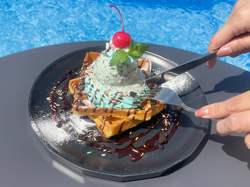 【夏限定スイーツ①】チョコミントワッフル, 【夏限定スイーツ②】ひまわりのパンナコッタ, 【夏限定ランチ】ロコモコプレート スープ付, メニュー(2025年8月時点)