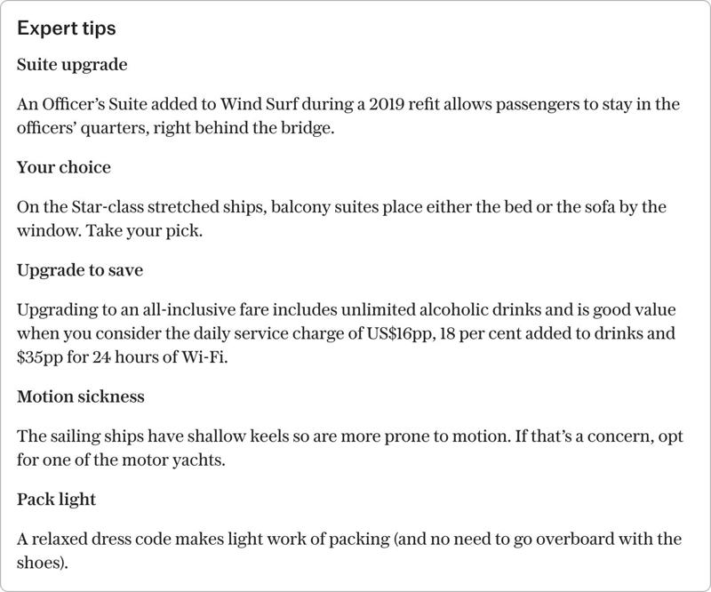 1. Where does Windstar sail?, 2. Who does Windstar appeal to?, 3. Windstar’s fleet, Wind Surf (342 passengers), Wind Star/Wind Spirit (148 passengers), Star Legend, Star Pride and Star Breeze (312 passengers), From December 2025: Star Seeker (224 passengers), 4. Loyalty scheme, 5. Access for guests with disabilities