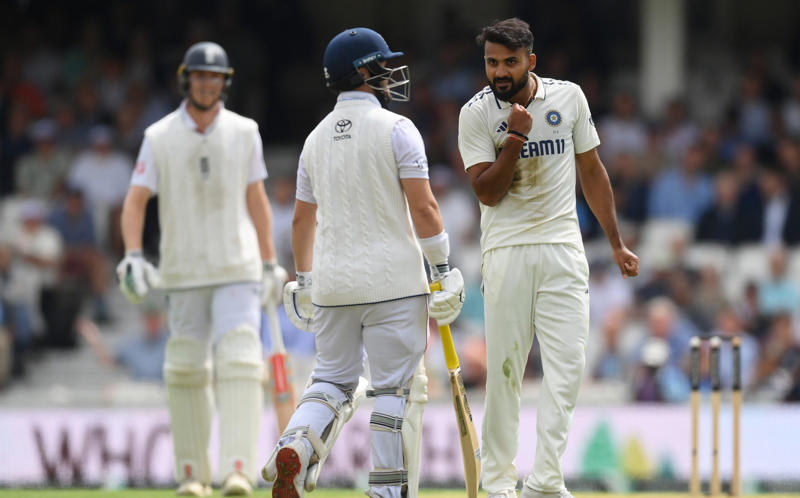 07:59 PM BST, Boycott’s verdict, 07:25 PM BST, Michael Vaughan on BBC Test Match Special, 07:21 PM BST, A tale of three horror drops, 07:17 PM BST, Stumps on day two, 07:15 PM BST, OVER 18: IND 75/2 (Jaiswal 51 Deep 4), 07:10 PM BST, 07:08 PM BST, OVER 17: IND 70/1 (Jaiswal 51 Sudharsan 11), 07:05 PM BST, OVER 16: IND 64/1 (Jaiswal 45 Sudharsan 11), 07:00 PM BST, OVER 15: IND 64/1 (Jaiswal 45 Sudharsan 11), 06:56 PM BST, OVER 14: IND 56/1 (Jaiswal 41 Sudharsan 7), 06:51 PM BST, OVER 13: IND 55/1 (Jaiswal 40 Sudharsan 7), 06:47 PM BST, OVER 12: IND 55/1 (Jaiswal 40 Sudharsan 7), 06:41 PM BST, OVER 11: IND 47/1 (Jaiswal 39 Sudharsan 0), 06:37 PM BST, OVER 10: IND 46/1 (Jaiswal 38 Sudharsan 0), 06:34 PM BST, 06:30 PM BST, OVER 9: IND 41/0 (Jaiswal 33 Rahul 7), 06:25 PM BST, OVER 8: IND 34/0 (Jaiswal 26 Rahul 7), 06:20 PM BST, OVER 7: IND 29/0 (Jaiswal 25 Rahul 3), 06:15 PM BST, OVER 6: IND 28/0 (Jaiswal 24 Rahul 3), 06:11 PM BST, OVER 5: IND 26/0 (Jaiswal 24 Rahul 1), 06:07 PM BST, OVER 4: IND 17/0 (Jaiswal 16 Rahul 0), 06:02 PM BST, OVER 3: IND 12/0 (Jaiswal 12 Rahul 0), 05:58 PM BST, OVER 2: IND 0/0 (Jaiswal 0 Rahul 0), 05:53 PM BST, OVER 1: IND 0/0 (Jaiswal 0 Rahul 0), 05:48 PM BST, India’s second innings, 05:45 PM BST, England bowlers back on their feet, 05:39 PM BST, England bowled out for 247, 05:38 PM BST, OVER 51: ENG 247/8 (Tongue 0 Brook 53), 05:33 PM BST, OVER 50: ENG 246/8 (Tongue 0 Brook 52), 05:28 PM BST, OVER 49: ENG 243/8 (Tongue 0 Brook 49), 05:24 PM BST, Nearly ready for action, 05:16 PM BST, Restart time, 05:16 PM BST, Restart coming soon?, 05:07 PM BST, 05:03 PM BST, Good news!, 04:59 PM BST, Weather update, 04:56 PM BST, Michael Vaughan on BBC Test Match Special, 04:53 PM BST, Nasser Hussain on Sky Sports, 04:52 PM BST, What an image!, 04:41 PM BST, Rain stops play, 04:41 PM BST, OVER 48: ENG 242/8 (Tongue 0 Brook 48), 04:36 PM BST, OVER 47: ENG 235/8 (Tongue 0 Brook 41), 04:34 PM BST, 04:30 PM BST, OVER 46: ENG 230/7 (Atkinson 7 Brook 40), 04:26 PM BST, OVER 45: ENG 224/7 (Atkinson 2 Brook 39), 04:22 PM BST, OVER 44: ENG 220/7 (Atkinson 1 Brook 36), 04:17 PM BST, OVER 43: ENG 215/7 (Atkinson 0 Brook 33), 04:16 PM BST, Evening session, 04:12 PM BST, Tea verdict, 04:11 PM BST, Day for Thorpey, 04:07 PM BST, Inside Duckett’s extraordinary skirmish with Deep, 03:58 PM BST, Momentum shifting, 03:56 PM BST, 03:55 PM BST, 03:49 PM BST, 03:48 PM BST, OVER 42: ENG 215/5 (Smith 8 Brook 33), 03:46 PM BST, OVER 41: ENG 210/5 (Smith 7 Brook 29), 03:41 PM BST, OVER 40: ENG 207/5 (Smith 6 Brook 27), 03:38 PM BST, OVER 39: ENG 201/5 (Smith 5 Brook 22), 03:33 PM BST, OVER 38: ENG 200/5 (Smith 5 Brook 21), 03:29 PM BST, OVER 37: ENG 196/5 (Smith 1 Brook 21), 03:26 PM BST, 03:23 PM BST, OVER 36: ENG 190/4 (Bethell 2 Brook 21), 03:18 PM BST, OVER 35: ENG 186/4 (Bethell 1 Brook 18), 03:12 PM BST, OVER 34: ENG 176/4 (Bethell 0 Brook 9), 03:06 PM BST, 03:01 PM BST, OVER 32: ENG 167/3 (Root 21 Brook 8), 02:56 PM BST, OVER 31: ENG 165/3 (Root 20 Brook 7), 02:48 PM BST, OVER 30: ENG 161/3 (Root 16 Brook 7), 02:44 PM BST, OVER 29: ENG 154/3 (Root 14 Brook 6), 02:39 PM BST, OVER 28: ENG 152/3 (Root 14 Brook 4), 02:33 PM BST, OVER 27: ENG 148/3 (Root 10 Brook 4), 02:29 PM BST, OVER 26: ENG 147/3 (Root 9 Brook 4), 02:25 PM BST, OVER 25: ENG 146/3 (Root 8 Brook 4), 02:21 PM BST, 02:17 PM BST, OVER 24: ENG 142/2 (Root 8 Pope 22), 02:13 PM BST, OVER 23: ENG 138/2 (Root 4 Pope 22), 02:09 PM BST, OVER 22: ENG 134/2 (Root 4 Pope 18), 02:03 PM BST, 02:02 PM BST, OVER 21: ENG 129/1 (Crawley 64 Pope 18), 01:57 PM BST, OVER 20: ENG 126/1 (Crawley 63 Pope 17), 01:53 PM BST, OVER 19: ENG 124/1 (Crawley 62 Pope 16), 01:49 PM BST, OVER 18: ENG 115/1 (Crawley 54 Pope 16), 01:45 PM BST, OVER 17: ENG 110/1 (Crawley 53 Pope 12), 01:40 PM BST, Afternoon session, 01:35 PM BST, Lunchtime verdict, 01:29 PM BST, Friendly or too far?, 01:23 PM BST, A day that is about more than just cricket, 01:17 PM BST, Ravi Shastri on Sky Sports, 01:14 PM BST, Ricky Ponting on Sky Sports, 01:11 PM BST, 01:03 PM BST, England in great position after near perfect session, 01:02 PM BST, OVER 16: ENG 109/1 (Crawley 52 Pope 12), 12:55 PM BST, OVER 15: ENG 105/1 (Crawley 52 Pope 8), 12:52 PM BST, OVER 14: ENG 97/1 (Crawley 47 Pope 5), 12:52 PM BST, OVER 14: ENG 97/1 (Crawley 47 Pope 5), 12:50 PM BST, OVER 13: ENG 93/1 (Crawley 47 Pope 1), 12:47 PM BST, 12:42 PM BST, OVER 12: ENG 92/0 (Crawley 47 Duckett 43), 12:37 PM BST, India may have to turn to spin - on a green top, 12:36 PM BST, OVER 11: ENG 84/0 (Crawley 46 Duckett 37), 12:31 PM BST, OVER 10: ENG 71/0 (Crawley 38 Duckett 32), 12:27 PM BST, OVER 9: ENG 64/0 (Crawley 33 Duckett 30), 12:23 PM BST, OVER 8: ENG 59/0 (Crawley 29 Duckett 29), 12:21 PM BST, India deflated by England onslaught, 12:18 PM BST, OVER 7: ENG 51/0 (Crawley 21 Duckett 29), 12:12 PM BST, OVER 6: ENG 40/0 (Crawley 16 Duckett 23), 12:08 PM BST, OVER 5: ENG 28/0 (Crawley 16 Duckett 11), 12:04 PM BST, A very Bazball answer, 12:04 PM BST, OVER 4: ENG 24/0 (Crawley 12 Duckett 11), 11:54 AM BST, OVER 3: ENG 18/0 (Crawley 12 Duckett 5), 11:48 AM BST, Atkinson shows what England have missed, 11:47 AM BST, OVER 2: ENG 9/0 (Crawley 4 Duckett 4), 11:44 AM BST, OVER 1: ENG 8/0 (Crawley 4 Duckett 3), 11:34 AM BST, Back with a bang, 11:31 AM BST, A quick kill, 11:29 AM BST, 11:27 AM BST, 11:26 AM BST, OVER 69: IND 224/8 (Deep 0, Siraj 0), 11:21 AM BST, OVER 68: IND 220/8 (Deep 0, Siraj 0), 11:19 AM BST, 11:18 AM BST, OVER 67: IND 218/7 (Washington 23, Deep 0), 11:16 AM BST, A Day for Thorpey, 11:10 AM BST, 11:09 AM BST, OVER 66: IND 213/6 (Nair 57, Washington 23), 11:06 AM BST, OVER 65: IND 213/6 (Nair 57, Washington 23), 10:58 AM BST, England’s leading wicket-taker: Joe Root, 10:56 AM BST, Woakes injury puts dampener on the match, 10:35 AM BST, Play to continue until 7pm, 10:31 AM BST, Woakes’ Ashes hopes in the balance, 10:04 AM BST, A Day for Thorpey, 09:53 AM BST, Good morning