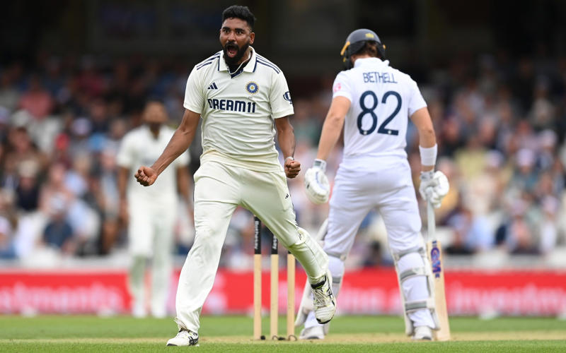 07:59 PM BST, Boycott’s verdict, 07:25 PM BST, Michael Vaughan on BBC Test Match Special, 07:21 PM BST, A tale of three horror drops, 07:17 PM BST, Stumps on day two, 07:15 PM BST, OVER 18: IND 75/2 (Jaiswal 51 Deep 4), 07:10 PM BST, 07:08 PM BST, OVER 17: IND 70/1 (Jaiswal 51 Sudharsan 11), 07:05 PM BST, OVER 16: IND 64/1 (Jaiswal 45 Sudharsan 11), 07:00 PM BST, OVER 15: IND 64/1 (Jaiswal 45 Sudharsan 11), 06:56 PM BST, OVER 14: IND 56/1 (Jaiswal 41 Sudharsan 7), 06:51 PM BST, OVER 13: IND 55/1 (Jaiswal 40 Sudharsan 7), 06:47 PM BST, OVER 12: IND 55/1 (Jaiswal 40 Sudharsan 7), 06:41 PM BST, OVER 11: IND 47/1 (Jaiswal 39 Sudharsan 0), 06:37 PM BST, OVER 10: IND 46/1 (Jaiswal 38 Sudharsan 0), 06:34 PM BST, 06:30 PM BST, OVER 9: IND 41/0 (Jaiswal 33 Rahul 7), 06:25 PM BST, OVER 8: IND 34/0 (Jaiswal 26 Rahul 7), 06:20 PM BST, OVER 7: IND 29/0 (Jaiswal 25 Rahul 3), 06:15 PM BST, OVER 6: IND 28/0 (Jaiswal 24 Rahul 3), 06:11 PM BST, OVER 5: IND 26/0 (Jaiswal 24 Rahul 1), 06:07 PM BST, OVER 4: IND 17/0 (Jaiswal 16 Rahul 0), 06:02 PM BST, OVER 3: IND 12/0 (Jaiswal 12 Rahul 0), 05:58 PM BST, OVER 2: IND 0/0 (Jaiswal 0 Rahul 0), 05:53 PM BST, OVER 1: IND 0/0 (Jaiswal 0 Rahul 0), 05:48 PM BST, India’s second innings, 05:45 PM BST, England bowlers back on their feet, 05:39 PM BST, England bowled out for 247, 05:38 PM BST, OVER 51: ENG 247/8 (Tongue 0 Brook 53), 05:33 PM BST, OVER 50: ENG 246/8 (Tongue 0 Brook 52), 05:28 PM BST, OVER 49: ENG 243/8 (Tongue 0 Brook 49), 05:24 PM BST, Nearly ready for action, 05:16 PM BST, Restart time, 05:16 PM BST, Restart coming soon?, 05:07 PM BST, 05:03 PM BST, Good news!, 04:59 PM BST, Weather update, 04:56 PM BST, Michael Vaughan on BBC Test Match Special, 04:53 PM BST, Nasser Hussain on Sky Sports, 04:52 PM BST, What an image!, 04:41 PM BST, Rain stops play, 04:41 PM BST, OVER 48: ENG 242/8 (Tongue 0 Brook 48), 04:36 PM BST, OVER 47: ENG 235/8 (Tongue 0 Brook 41), 04:34 PM BST, 04:30 PM BST, OVER 46: ENG 230/7 (Atkinson 7 Brook 40), 04:26 PM BST, OVER 45: ENG 224/7 (Atkinson 2 Brook 39), 04:22 PM BST, OVER 44: ENG 220/7 (Atkinson 1 Brook 36), 04:17 PM BST, OVER 43: ENG 215/7 (Atkinson 0 Brook 33), 04:16 PM BST, Evening session, 04:12 PM BST, Tea verdict, 04:11 PM BST, Day for Thorpey, 04:07 PM BST, Inside Duckett’s extraordinary skirmish with Deep, 03:58 PM BST, Momentum shifting, 03:56 PM BST, 03:55 PM BST, 03:49 PM BST, 03:48 PM BST, OVER 42: ENG 215/5 (Smith 8 Brook 33), 03:46 PM BST, OVER 41: ENG 210/5 (Smith 7 Brook 29), 03:41 PM BST, OVER 40: ENG 207/5 (Smith 6 Brook 27), 03:38 PM BST, OVER 39: ENG 201/5 (Smith 5 Brook 22), 03:33 PM BST, OVER 38: ENG 200/5 (Smith 5 Brook 21), 03:29 PM BST, OVER 37: ENG 196/5 (Smith 1 Brook 21), 03:26 PM BST, 03:23 PM BST, OVER 36: ENG 190/4 (Bethell 2 Brook 21), 03:18 PM BST, OVER 35: ENG 186/4 (Bethell 1 Brook 18), 03:12 PM BST, OVER 34: ENG 176/4 (Bethell 0 Brook 9), 03:06 PM BST, 03:01 PM BST, OVER 32: ENG 167/3 (Root 21 Brook 8), 02:56 PM BST, OVER 31: ENG 165/3 (Root 20 Brook 7), 02:48 PM BST, OVER 30: ENG 161/3 (Root 16 Brook 7), 02:44 PM BST, OVER 29: ENG 154/3 (Root 14 Brook 6), 02:39 PM BST, OVER 28: ENG 152/3 (Root 14 Brook 4), 02:33 PM BST, OVER 27: ENG 148/3 (Root 10 Brook 4), 02:29 PM BST, OVER 26: ENG 147/3 (Root 9 Brook 4), 02:25 PM BST, OVER 25: ENG 146/3 (Root 8 Brook 4), 02:21 PM BST, 02:17 PM BST, OVER 24: ENG 142/2 (Root 8 Pope 22), 02:13 PM BST, OVER 23: ENG 138/2 (Root 4 Pope 22), 02:09 PM BST, OVER 22: ENG 134/2 (Root 4 Pope 18), 02:03 PM BST, 02:02 PM BST, OVER 21: ENG 129/1 (Crawley 64 Pope 18), 01:57 PM BST, OVER 20: ENG 126/1 (Crawley 63 Pope 17), 01:53 PM BST, OVER 19: ENG 124/1 (Crawley 62 Pope 16), 01:49 PM BST, OVER 18: ENG 115/1 (Crawley 54 Pope 16), 01:45 PM BST, OVER 17: ENG 110/1 (Crawley 53 Pope 12), 01:40 PM BST, Afternoon session, 01:35 PM BST, Lunchtime verdict, 01:29 PM BST, Friendly or too far?, 01:23 PM BST, A day that is about more than just cricket, 01:17 PM BST, Ravi Shastri on Sky Sports, 01:14 PM BST, Ricky Ponting on Sky Sports, 01:11 PM BST, 01:03 PM BST, England in great position after near perfect session, 01:02 PM BST, OVER 16: ENG 109/1 (Crawley 52 Pope 12), 12:55 PM BST, OVER 15: ENG 105/1 (Crawley 52 Pope 8), 12:52 PM BST, OVER 14: ENG 97/1 (Crawley 47 Pope 5), 12:52 PM BST, OVER 14: ENG 97/1 (Crawley 47 Pope 5), 12:50 PM BST, OVER 13: ENG 93/1 (Crawley 47 Pope 1), 12:47 PM BST, 12:42 PM BST, OVER 12: ENG 92/0 (Crawley 47 Duckett 43), 12:37 PM BST, India may have to turn to spin - on a green top, 12:36 PM BST, OVER 11: ENG 84/0 (Crawley 46 Duckett 37), 12:31 PM BST, OVER 10: ENG 71/0 (Crawley 38 Duckett 32), 12:27 PM BST, OVER 9: ENG 64/0 (Crawley 33 Duckett 30), 12:23 PM BST, OVER 8: ENG 59/0 (Crawley 29 Duckett 29), 12:21 PM BST, India deflated by England onslaught, 12:18 PM BST, OVER 7: ENG 51/0 (Crawley 21 Duckett 29), 12:12 PM BST, OVER 6: ENG 40/0 (Crawley 16 Duckett 23), 12:08 PM BST, OVER 5: ENG 28/0 (Crawley 16 Duckett 11), 12:04 PM BST, A very Bazball answer, 12:04 PM BST, OVER 4: ENG 24/0 (Crawley 12 Duckett 11), 11:54 AM BST, OVER 3: ENG 18/0 (Crawley 12 Duckett 5), 11:48 AM BST, Atkinson shows what England have missed, 11:47 AM BST, OVER 2: ENG 9/0 (Crawley 4 Duckett 4), 11:44 AM BST, OVER 1: ENG 8/0 (Crawley 4 Duckett 3), 11:34 AM BST, Back with a bang, 11:31 AM BST, A quick kill, 11:29 AM BST, 11:27 AM BST, 11:26 AM BST, OVER 69: IND 224/8 (Deep 0, Siraj 0), 11:21 AM BST, OVER 68: IND 220/8 (Deep 0, Siraj 0), 11:19 AM BST, 11:18 AM BST, OVER 67: IND 218/7 (Washington 23, Deep 0), 11:16 AM BST, A Day for Thorpey, 11:10 AM BST, 11:09 AM BST, OVER 66: IND 213/6 (Nair 57, Washington 23), 11:06 AM BST, OVER 65: IND 213/6 (Nair 57, Washington 23), 10:58 AM BST, England’s leading wicket-taker: Joe Root, 10:56 AM BST, Woakes injury puts dampener on the match, 10:35 AM BST, Play to continue until 7pm, 10:31 AM BST, Woakes’ Ashes hopes in the balance, 10:04 AM BST, A Day for Thorpey, 09:53 AM BST, Good morning