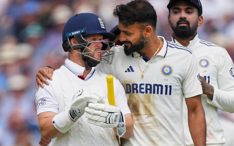 07:59 PM BST, Boycott’s verdict, 07:25 PM BST, Michael Vaughan on BBC Test Match Special, 07:21 PM BST, A tale of three horror drops, 07:17 PM BST, Stumps on day two, 07:15 PM BST, OVER 18: IND 75/2 (Jaiswal 51 Deep 4), 07:10 PM BST, 07:08 PM BST, OVER 17: IND 70/1 (Jaiswal 51 Sudharsan 11), 07:05 PM BST, OVER 16: IND 64/1 (Jaiswal 45 Sudharsan 11), 07:00 PM BST, OVER 15: IND 64/1 (Jaiswal 45 Sudharsan 11), 06:56 PM BST, OVER 14: IND 56/1 (Jaiswal 41 Sudharsan 7), 06:51 PM BST, OVER 13: IND 55/1 (Jaiswal 40 Sudharsan 7), 06:47 PM BST, OVER 12: IND 55/1 (Jaiswal 40 Sudharsan 7), 06:41 PM BST, OVER 11: IND 47/1 (Jaiswal 39 Sudharsan 0), 06:37 PM BST, OVER 10: IND 46/1 (Jaiswal 38 Sudharsan 0), 06:34 PM BST, 06:30 PM BST, OVER 9: IND 41/0 (Jaiswal 33 Rahul 7), 06:25 PM BST, OVER 8: IND 34/0 (Jaiswal 26 Rahul 7), 06:20 PM BST, OVER 7: IND 29/0 (Jaiswal 25 Rahul 3), 06:15 PM BST, OVER 6: IND 28/0 (Jaiswal 24 Rahul 3), 06:11 PM BST, OVER 5: IND 26/0 (Jaiswal 24 Rahul 1), 06:07 PM BST, OVER 4: IND 17/0 (Jaiswal 16 Rahul 0), 06:02 PM BST, OVER 3: IND 12/0 (Jaiswal 12 Rahul 0), 05:58 PM BST, OVER 2: IND 0/0 (Jaiswal 0 Rahul 0), 05:53 PM BST, OVER 1: IND 0/0 (Jaiswal 0 Rahul 0), 05:48 PM BST, India’s second innings, 05:45 PM BST, England bowlers back on their feet, 05:39 PM BST, England bowled out for 247, 05:38 PM BST, OVER 51: ENG 247/8 (Tongue 0 Brook 53), 05:33 PM BST, OVER 50: ENG 246/8 (Tongue 0 Brook 52), 05:28 PM BST, OVER 49: ENG 243/8 (Tongue 0 Brook 49), 05:24 PM BST, Nearly ready for action, 05:16 PM BST, Restart time, 05:16 PM BST, Restart coming soon?, 05:07 PM BST, 05:03 PM BST, Good news!, 04:59 PM BST, Weather update, 04:56 PM BST, Michael Vaughan on BBC Test Match Special, 04:53 PM BST, Nasser Hussain on Sky Sports, 04:52 PM BST, What an image!, 04:41 PM BST, Rain stops play, 04:41 PM BST, OVER 48: ENG 242/8 (Tongue 0 Brook 48), 04:36 PM BST, OVER 47: ENG 235/8 (Tongue 0 Brook 41), 04:34 PM BST, 04:30 PM BST, OVER 46: ENG 230/7 (Atkinson 7 Brook 40), 04:26 PM BST, OVER 45: ENG 224/7 (Atkinson 2 Brook 39), 04:22 PM BST, OVER 44: ENG 220/7 (Atkinson 1 Brook 36), 04:17 PM BST, OVER 43: ENG 215/7 (Atkinson 0 Brook 33), 04:16 PM BST, Evening session, 04:12 PM BST, Tea verdict, 04:11 PM BST, Day for Thorpey, 04:07 PM BST, Inside Duckett’s extraordinary skirmish with Deep, 03:58 PM BST, Momentum shifting, 03:56 PM BST, 03:55 PM BST, 03:49 PM BST, 03:48 PM BST, OVER 42: ENG 215/5 (Smith 8 Brook 33), 03:46 PM BST, OVER 41: ENG 210/5 (Smith 7 Brook 29), 03:41 PM BST, OVER 40: ENG 207/5 (Smith 6 Brook 27), 03:38 PM BST, OVER 39: ENG 201/5 (Smith 5 Brook 22), 03:33 PM BST, OVER 38: ENG 200/5 (Smith 5 Brook 21), 03:29 PM BST, OVER 37: ENG 196/5 (Smith 1 Brook 21), 03:26 PM BST, 03:23 PM BST, OVER 36: ENG 190/4 (Bethell 2 Brook 21), 03:18 PM BST, OVER 35: ENG 186/4 (Bethell 1 Brook 18), 03:12 PM BST, OVER 34: ENG 176/4 (Bethell 0 Brook 9), 03:06 PM BST, 03:01 PM BST, OVER 32: ENG 167/3 (Root 21 Brook 8), 02:56 PM BST, OVER 31: ENG 165/3 (Root 20 Brook 7), 02:48 PM BST, OVER 30: ENG 161/3 (Root 16 Brook 7), 02:44 PM BST, OVER 29: ENG 154/3 (Root 14 Brook 6), 02:39 PM BST, OVER 28: ENG 152/3 (Root 14 Brook 4), 02:33 PM BST, OVER 27: ENG 148/3 (Root 10 Brook 4), 02:29 PM BST, OVER 26: ENG 147/3 (Root 9 Brook 4), 02:25 PM BST, OVER 25: ENG 146/3 (Root 8 Brook 4), 02:21 PM BST, 02:17 PM BST, OVER 24: ENG 142/2 (Root 8 Pope 22), 02:13 PM BST, OVER 23: ENG 138/2 (Root 4 Pope 22), 02:09 PM BST, OVER 22: ENG 134/2 (Root 4 Pope 18), 02:03 PM BST, 02:02 PM BST, OVER 21: ENG 129/1 (Crawley 64 Pope 18), 01:57 PM BST, OVER 20: ENG 126/1 (Crawley 63 Pope 17), 01:53 PM BST, OVER 19: ENG 124/1 (Crawley 62 Pope 16), 01:49 PM BST, OVER 18: ENG 115/1 (Crawley 54 Pope 16), 01:45 PM BST, OVER 17: ENG 110/1 (Crawley 53 Pope 12), 01:40 PM BST, Afternoon session, 01:35 PM BST, Lunchtime verdict, 01:29 PM BST, Friendly or too far?, 01:23 PM BST, A day that is about more than just cricket, 01:17 PM BST, Ravi Shastri on Sky Sports, 01:14 PM BST, Ricky Ponting on Sky Sports, 01:11 PM BST, 01:03 PM BST, England in great position after near perfect session, 01:02 PM BST, OVER 16: ENG 109/1 (Crawley 52 Pope 12), 12:55 PM BST, OVER 15: ENG 105/1 (Crawley 52 Pope 8), 12:52 PM BST, OVER 14: ENG 97/1 (Crawley 47 Pope 5), 12:52 PM BST, OVER 14: ENG 97/1 (Crawley 47 Pope 5), 12:50 PM BST, OVER 13: ENG 93/1 (Crawley 47 Pope 1), 12:47 PM BST, 12:42 PM BST, OVER 12: ENG 92/0 (Crawley 47 Duckett 43), 12:37 PM BST, India may have to turn to spin - on a green top, 12:36 PM BST, OVER 11: ENG 84/0 (Crawley 46 Duckett 37), 12:31 PM BST, OVER 10: ENG 71/0 (Crawley 38 Duckett 32), 12:27 PM BST, OVER 9: ENG 64/0 (Crawley 33 Duckett 30), 12:23 PM BST, OVER 8: ENG 59/0 (Crawley 29 Duckett 29), 12:21 PM BST, India deflated by England onslaught, 12:18 PM BST, OVER 7: ENG 51/0 (Crawley 21 Duckett 29), 12:12 PM BST, OVER 6: ENG 40/0 (Crawley 16 Duckett 23), 12:08 PM BST, OVER 5: ENG 28/0 (Crawley 16 Duckett 11), 12:04 PM BST, A very Bazball answer, 12:04 PM BST, OVER 4: ENG 24/0 (Crawley 12 Duckett 11), 11:54 AM BST, OVER 3: ENG 18/0 (Crawley 12 Duckett 5), 11:48 AM BST, Atkinson shows what England have missed, 11:47 AM BST, OVER 2: ENG 9/0 (Crawley 4 Duckett 4), 11:44 AM BST, OVER 1: ENG 8/0 (Crawley 4 Duckett 3), 11:34 AM BST, Back with a bang, 11:31 AM BST, A quick kill, 11:29 AM BST, 11:27 AM BST, 11:26 AM BST, OVER 69: IND 224/8 (Deep 0, Siraj 0), 11:21 AM BST, OVER 68: IND 220/8 (Deep 0, Siraj 0), 11:19 AM BST, 11:18 AM BST, OVER 67: IND 218/7 (Washington 23, Deep 0), 11:16 AM BST, A Day for Thorpey, 11:10 AM BST, 11:09 AM BST, OVER 66: IND 213/6 (Nair 57, Washington 23), 11:06 AM BST, OVER 65: IND 213/6 (Nair 57, Washington 23), 10:58 AM BST, England’s leading wicket-taker: Joe Root, 10:56 AM BST, Woakes injury puts dampener on the match, 10:35 AM BST, Play to continue until 7pm, 10:31 AM BST, Woakes’ Ashes hopes in the balance, 10:04 AM BST, A Day for Thorpey, 09:53 AM BST, Good morning