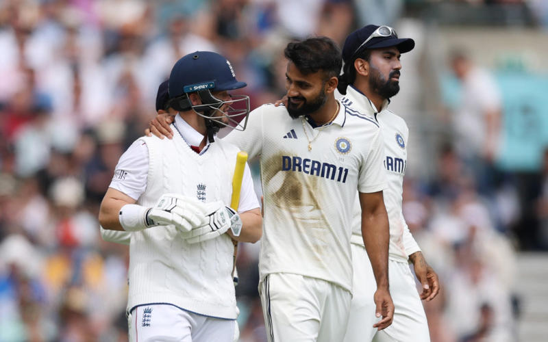 07:59 PM BST, Boycott’s verdict, 07:25 PM BST, Michael Vaughan on BBC Test Match Special, 07:21 PM BST, A tale of three horror drops, 07:17 PM BST, Stumps on day two, 07:15 PM BST, OVER 18: IND 75/2 (Jaiswal 51 Deep 4), 07:10 PM BST, 07:08 PM BST, OVER 17: IND 70/1 (Jaiswal 51 Sudharsan 11), 07:05 PM BST, OVER 16: IND 64/1 (Jaiswal 45 Sudharsan 11), 07:00 PM BST, OVER 15: IND 64/1 (Jaiswal 45 Sudharsan 11), 06:56 PM BST, OVER 14: IND 56/1 (Jaiswal 41 Sudharsan 7), 06:51 PM BST, OVER 13: IND 55/1 (Jaiswal 40 Sudharsan 7), 06:47 PM BST, OVER 12: IND 55/1 (Jaiswal 40 Sudharsan 7), 06:41 PM BST, OVER 11: IND 47/1 (Jaiswal 39 Sudharsan 0), 06:37 PM BST, OVER 10: IND 46/1 (Jaiswal 38 Sudharsan 0), 06:34 PM BST, 06:30 PM BST, OVER 9: IND 41/0 (Jaiswal 33 Rahul 7), 06:25 PM BST, OVER 8: IND 34/0 (Jaiswal 26 Rahul 7), 06:20 PM BST, OVER 7: IND 29/0 (Jaiswal 25 Rahul 3), 06:15 PM BST, OVER 6: IND 28/0 (Jaiswal 24 Rahul 3), 06:11 PM BST, OVER 5: IND 26/0 (Jaiswal 24 Rahul 1), 06:07 PM BST, OVER 4: IND 17/0 (Jaiswal 16 Rahul 0), 06:02 PM BST, OVER 3: IND 12/0 (Jaiswal 12 Rahul 0), 05:58 PM BST, OVER 2: IND 0/0 (Jaiswal 0 Rahul 0), 05:53 PM BST, OVER 1: IND 0/0 (Jaiswal 0 Rahul 0), 05:48 PM BST, India’s second innings, 05:45 PM BST, England bowlers back on their feet, 05:39 PM BST, England bowled out for 247, 05:38 PM BST, OVER 51: ENG 247/8 (Tongue 0 Brook 53), 05:33 PM BST, OVER 50: ENG 246/8 (Tongue 0 Brook 52), 05:28 PM BST, OVER 49: ENG 243/8 (Tongue 0 Brook 49), 05:24 PM BST, Nearly ready for action, 05:16 PM BST, Restart time, 05:16 PM BST, Restart coming soon?, 05:07 PM BST, 05:03 PM BST, Good news!, 04:59 PM BST, Weather update, 04:56 PM BST, Michael Vaughan on BBC Test Match Special, 04:53 PM BST, Nasser Hussain on Sky Sports, 04:52 PM BST, What an image!, 04:41 PM BST, Rain stops play, 04:41 PM BST, OVER 48: ENG 242/8 (Tongue 0 Brook 48), 04:36 PM BST, OVER 47: ENG 235/8 (Tongue 0 Brook 41), 04:34 PM BST, 04:30 PM BST, OVER 46: ENG 230/7 (Atkinson 7 Brook 40), 04:26 PM BST, OVER 45: ENG 224/7 (Atkinson 2 Brook 39), 04:22 PM BST, OVER 44: ENG 220/7 (Atkinson 1 Brook 36), 04:17 PM BST, OVER 43: ENG 215/7 (Atkinson 0 Brook 33), 04:16 PM BST, Evening session, 04:12 PM BST, Tea verdict, 04:11 PM BST, Day for Thorpey, 04:07 PM BST, Inside Duckett’s extraordinary skirmish with Deep, 03:58 PM BST, Momentum shifting, 03:56 PM BST, 03:55 PM BST, 03:49 PM BST, 03:48 PM BST, OVER 42: ENG 215/5 (Smith 8 Brook 33), 03:46 PM BST, OVER 41: ENG 210/5 (Smith 7 Brook 29), 03:41 PM BST, OVER 40: ENG 207/5 (Smith 6 Brook 27), 03:38 PM BST, OVER 39: ENG 201/5 (Smith 5 Brook 22), 03:33 PM BST, OVER 38: ENG 200/5 (Smith 5 Brook 21), 03:29 PM BST, OVER 37: ENG 196/5 (Smith 1 Brook 21), 03:26 PM BST, 03:23 PM BST, OVER 36: ENG 190/4 (Bethell 2 Brook 21), 03:18 PM BST, OVER 35: ENG 186/4 (Bethell 1 Brook 18), 03:12 PM BST, OVER 34: ENG 176/4 (Bethell 0 Brook 9), 03:06 PM BST, 03:01 PM BST, OVER 32: ENG 167/3 (Root 21 Brook 8), 02:56 PM BST, OVER 31: ENG 165/3 (Root 20 Brook 7), 02:48 PM BST, OVER 30: ENG 161/3 (Root 16 Brook 7), 02:44 PM BST, OVER 29: ENG 154/3 (Root 14 Brook 6), 02:39 PM BST, OVER 28: ENG 152/3 (Root 14 Brook 4), 02:33 PM BST, OVER 27: ENG 148/3 (Root 10 Brook 4), 02:29 PM BST, OVER 26: ENG 147/3 (Root 9 Brook 4), 02:25 PM BST, OVER 25: ENG 146/3 (Root 8 Brook 4), 02:21 PM BST, 02:17 PM BST, OVER 24: ENG 142/2 (Root 8 Pope 22), 02:13 PM BST, OVER 23: ENG 138/2 (Root 4 Pope 22), 02:09 PM BST, OVER 22: ENG 134/2 (Root 4 Pope 18), 02:03 PM BST, 02:02 PM BST, OVER 21: ENG 129/1 (Crawley 64 Pope 18), 01:57 PM BST, OVER 20: ENG 126/1 (Crawley 63 Pope 17), 01:53 PM BST, OVER 19: ENG 124/1 (Crawley 62 Pope 16), 01:49 PM BST, OVER 18: ENG 115/1 (Crawley 54 Pope 16), 01:45 PM BST, OVER 17: ENG 110/1 (Crawley 53 Pope 12), 01:40 PM BST, Afternoon session, 01:35 PM BST, Lunchtime verdict, 01:29 PM BST, Friendly or too far?, 01:23 PM BST, A day that is about more than just cricket, 01:17 PM BST, Ravi Shastri on Sky Sports, 01:14 PM BST, Ricky Ponting on Sky Sports, 01:11 PM BST, 01:03 PM BST, England in great position after near perfect session, 01:02 PM BST, OVER 16: ENG 109/1 (Crawley 52 Pope 12), 12:55 PM BST, OVER 15: ENG 105/1 (Crawley 52 Pope 8), 12:52 PM BST, OVER 14: ENG 97/1 (Crawley 47 Pope 5), 12:52 PM BST, OVER 14: ENG 97/1 (Crawley 47 Pope 5), 12:50 PM BST, OVER 13: ENG 93/1 (Crawley 47 Pope 1), 12:47 PM BST, 12:42 PM BST, OVER 12: ENG 92/0 (Crawley 47 Duckett 43), 12:37 PM BST, India may have to turn to spin - on a green top, 12:36 PM BST, OVER 11: ENG 84/0 (Crawley 46 Duckett 37), 12:31 PM BST, OVER 10: ENG 71/0 (Crawley 38 Duckett 32), 12:27 PM BST, OVER 9: ENG 64/0 (Crawley 33 Duckett 30), 12:23 PM BST, OVER 8: ENG 59/0 (Crawley 29 Duckett 29), 12:21 PM BST, India deflated by England onslaught, 12:18 PM BST, OVER 7: ENG 51/0 (Crawley 21 Duckett 29), 12:12 PM BST, OVER 6: ENG 40/0 (Crawley 16 Duckett 23), 12:08 PM BST, OVER 5: ENG 28/0 (Crawley 16 Duckett 11), 12:04 PM BST, A very Bazball answer, 12:04 PM BST, OVER 4: ENG 24/0 (Crawley 12 Duckett 11), 11:54 AM BST, OVER 3: ENG 18/0 (Crawley 12 Duckett 5), 11:48 AM BST, Atkinson shows what England have missed, 11:47 AM BST, OVER 2: ENG 9/0 (Crawley 4 Duckett 4), 11:44 AM BST, OVER 1: ENG 8/0 (Crawley 4 Duckett 3), 11:34 AM BST, Back with a bang, 11:31 AM BST, A quick kill, 11:29 AM BST, 11:27 AM BST, 11:26 AM BST, OVER 69: IND 224/8 (Deep 0, Siraj 0), 11:21 AM BST, OVER 68: IND 220/8 (Deep 0, Siraj 0), 11:19 AM BST, 11:18 AM BST, OVER 67: IND 218/7 (Washington 23, Deep 0), 11:16 AM BST, A Day for Thorpey, 11:10 AM BST, 11:09 AM BST, OVER 66: IND 213/6 (Nair 57, Washington 23), 11:06 AM BST, OVER 65: IND 213/6 (Nair 57, Washington 23), 10:58 AM BST, England’s leading wicket-taker: Joe Root, 10:56 AM BST, Woakes injury puts dampener on the match, 10:35 AM BST, Play to continue until 7pm, 10:31 AM BST, Woakes’ Ashes hopes in the balance, 10:04 AM BST, A Day for Thorpey, 09:53 AM BST, Good morning