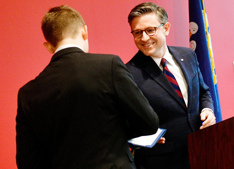 Speaker Mike Johnson arriving for press conference, Rep. Chip Roy during fentanyl discussion, Speaker Mike Johnson at press conference arrival, Speaker Mike Johnson speaking to constituents, Donald Trump at campaign rally, James Comer speaking at Fancy Farm event, Mike Johnson at Congressional Art Competition ceremony, Donald Trump leading campaign rally
