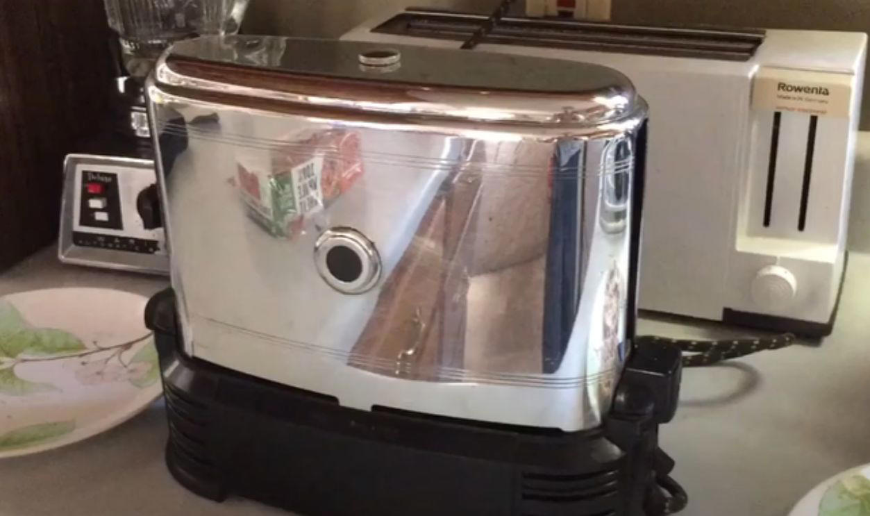 Toast-O-Lator Toaster (1940s) Thrift Store Gold Mines, KitchenAid Model 'K' Mixer (1930s–50s), Sunbeam Mixmaster (1930s–60s), Toast-O-Lator Toaster (1940s), General Electric Monitor Top Refrigerator (1927–1930s), Westinghouse L-5 Waffle Iron (1930s), Vitamix Blender (1940s–60s), Dormeyer Mixwell Mixers (1950s), Hamilton Beach Milkshake Mixer (1950s), Coldspot Refrigerator by Sears (1940s–50s), Universal Coffeematic Percolator (1950s), Oster Regency Kitchen Center (1970s–80s), Crosley Shelvador Refrigerator (1940s), Vintage Soda Syphons (1930s–60s), Wear-Ever Juicers (1950s), GE Wall-Mount Can Openers (1960s), Kenmore Rotisserie Ovens (1950s–60s), Electric Egg Cookers (Sunbeam, GE – 1950s–70s), Bakelite Hand Mixers (1930s–40s), Hoosier Cabinets (1920s–30s), Early Crock-Pots (Rival – 1970s), Arvin Hot Plates (1940s–50s)