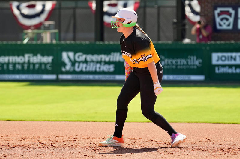 Florida's Addison Bono celebrates a big hit during game 1 of the 2025 Little League Softball World Series against Washington