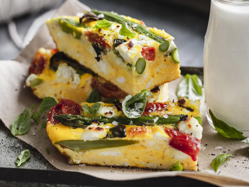 Can you reheat frittata?, Frittata recipes for breakfast, lunch and dinner, Mega vegie and haloumi frittata , Basil frittata with smoked salmon , Rainbow chard and three-cheese frittata , Roast pumpkin and zucchini frittata , Roasted pumpkin, spinach and fetta slice , Primavera frittata , Asparagus, tomato, ricotta and basil frittata , Potato, capsicum and spinach frittata , Quick three-cheese frittata , Kale and quinoa frittata , Pea and broad bean frittata , Rocket and prosciutto frittata , Ham and egg frittata , Chorizo & potato frittata , Asparagus frittata , Silverbeet frittata , Smoked trout frittata , Chilli and vegetable frittata , Broccoli and cheese frittata , Baked potato, ham and cheese frittata , Spanish frittata , Wild mushroom and green onion frittata , Potato, capsicum and olive frittata , Three-cheese pasta frittata , Zucchini and corn frittatas , Capsicum and potato frittata , Green power mini frittatas with spinach and feta , Bacon, pea and corn frittata , Asparagus & fetta frittata , Zucchini flower and tomato frittata , Tomato, feta and pancetta frittata , Why we love these frittatas, More quick & easy recipes