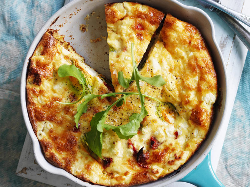 Can you reheat frittata?, Frittata recipes for breakfast, lunch and dinner, Mega vegie and haloumi frittata , Basil frittata with smoked salmon , Rainbow chard and three-cheese frittata , Roast pumpkin and zucchini frittata , Roasted pumpkin, spinach and fetta slice , Primavera frittata , Asparagus, tomato, ricotta and basil frittata , Potato, capsicum and spinach frittata , Quick three-cheese frittata , Kale and quinoa frittata , Pea and broad bean frittata , Rocket and prosciutto frittata , Ham and egg frittata , Chorizo & potato frittata , Asparagus frittata , Silverbeet frittata , Smoked trout frittata , Chilli and vegetable frittata , Broccoli and cheese frittata , Baked potato, ham and cheese frittata , Spanish frittata , Wild mushroom and green onion frittata , Potato, capsicum and olive frittata , Three-cheese pasta frittata , Zucchini and corn frittatas , Capsicum and potato frittata , Green power mini frittatas with spinach and feta , Bacon, pea and corn frittata , Asparagus & fetta frittata , Zucchini flower and tomato frittata , Tomato, feta and pancetta frittata , Why we love these frittatas, More quick & easy recipes