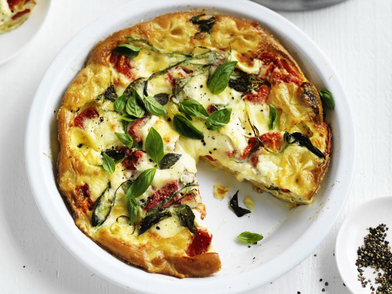 Can you reheat frittata?, Frittata recipes for breakfast, lunch and dinner, Mega vegie and haloumi frittata , Basil frittata with smoked salmon , Rainbow chard and three-cheese frittata , Roast pumpkin and zucchini frittata , Roasted pumpkin, spinach and fetta slice , Primavera frittata , Asparagus, tomato, ricotta and basil frittata , Potato, capsicum and spinach frittata , Quick three-cheese frittata , Kale and quinoa frittata , Pea and broad bean frittata , Rocket and prosciutto frittata , Ham and egg frittata , Chorizo & potato frittata , Asparagus frittata , Silverbeet frittata , Smoked trout frittata , Chilli and vegetable frittata , Broccoli and cheese frittata , Baked potato, ham and cheese frittata , Spanish frittata , Wild mushroom and green onion frittata , Potato, capsicum and olive frittata , Three-cheese pasta frittata , Zucchini and corn frittatas , Capsicum and potato frittata , Green power mini frittatas with spinach and feta , Bacon, pea and corn frittata , Asparagus & fetta frittata , Zucchini flower and tomato frittata , Tomato, feta and pancetta frittata , Why we love these frittatas, More quick & easy recipes