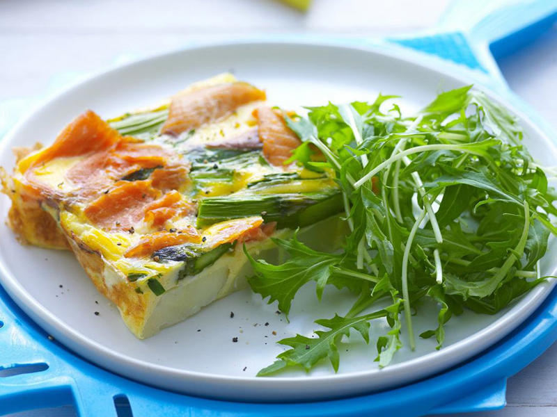 Can you reheat frittata?, Frittata recipes for breakfast, lunch and dinner, Mega vegie and haloumi frittata , Basil frittata with smoked salmon , Rainbow chard and three-cheese frittata , Roast pumpkin and zucchini frittata , Roasted pumpkin, spinach and fetta slice , Primavera frittata , Asparagus, tomato, ricotta and basil frittata , Potato, capsicum and spinach frittata , Quick three-cheese frittata , Kale and quinoa frittata , Pea and broad bean frittata , Rocket and prosciutto frittata , Ham and egg frittata , Chorizo & potato frittata , Asparagus frittata , Silverbeet frittata , Smoked trout frittata , Chilli and vegetable frittata , Broccoli and cheese frittata , Baked potato, ham and cheese frittata , Spanish frittata , Wild mushroom and green onion frittata , Potato, capsicum and olive frittata , Three-cheese pasta frittata , Zucchini and corn frittatas , Capsicum and potato frittata , Green power mini frittatas with spinach and feta , Bacon, pea and corn frittata , Asparagus & fetta frittata , Zucchini flower and tomato frittata , Tomato, feta and pancetta frittata , Why we love these frittatas, More quick & easy recipes