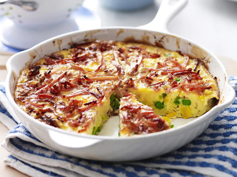 Can you reheat frittata?, Frittata recipes for breakfast, lunch and dinner, Mega vegie and haloumi frittata , Basil frittata with smoked salmon , Rainbow chard and three-cheese frittata , Roast pumpkin and zucchini frittata , Roasted pumpkin, spinach and fetta slice , Primavera frittata , Asparagus, tomato, ricotta and basil frittata , Potato, capsicum and spinach frittata , Quick three-cheese frittata , Kale and quinoa frittata , Pea and broad bean frittata , Rocket and prosciutto frittata , Ham and egg frittata , Chorizo & potato frittata , Asparagus frittata , Silverbeet frittata , Smoked trout frittata , Chilli and vegetable frittata , Broccoli and cheese frittata , Baked potato, ham and cheese frittata , Spanish frittata , Wild mushroom and green onion frittata , Potato, capsicum and olive frittata , Three-cheese pasta frittata , Zucchini and corn frittatas , Capsicum and potato frittata , Green power mini frittatas with spinach and feta , Bacon, pea and corn frittata , Asparagus & fetta frittata , Zucchini flower and tomato frittata , Tomato, feta and pancetta frittata , Why we love these frittatas, More quick & easy recipes