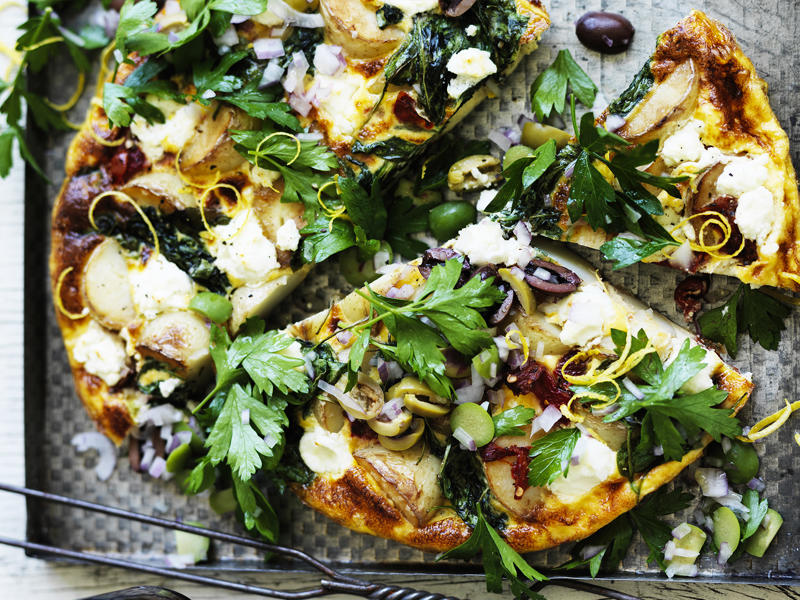 Can you reheat frittata?, Frittata recipes for breakfast, lunch and dinner, Mega vegie and haloumi frittata , Basil frittata with smoked salmon , Rainbow chard and three-cheese frittata , Roast pumpkin and zucchini frittata , Roasted pumpkin, spinach and fetta slice , Primavera frittata , Asparagus, tomato, ricotta and basil frittata , Potato, capsicum and spinach frittata , Quick three-cheese frittata , Kale and quinoa frittata , Pea and broad bean frittata , Rocket and prosciutto frittata , Ham and egg frittata , Chorizo & potato frittata , Asparagus frittata , Silverbeet frittata , Smoked trout frittata , Chilli and vegetable frittata , Broccoli and cheese frittata , Baked potato, ham and cheese frittata , Spanish frittata , Wild mushroom and green onion frittata , Potato, capsicum and olive frittata , Three-cheese pasta frittata , Zucchini and corn frittatas , Capsicum and potato frittata , Green power mini frittatas with spinach and feta , Bacon, pea and corn frittata , Asparagus & fetta frittata , Zucchini flower and tomato frittata , Tomato, feta and pancetta frittata , Why we love these frittatas, More quick & easy recipes