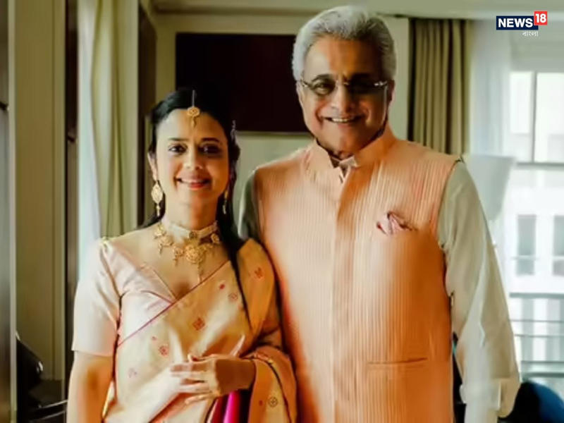 Though the reception was political in its guest list, it was deeply personal in tone. Mahua Moitra, known as much for her fiery speeches as for her sharp fashion sense, wore a striking red saree paired with traditional gold jewellery. Pinaki Misra complemented her look in a cream dhoti and a red-bordered kurta. (News18 Bengali)