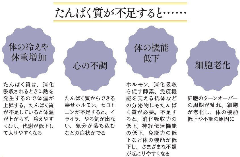 老化・万病・肥満のもと!? たんぱく質不足のリスク, 心の健康、代謝にも影響, あなたは大丈夫？ 日本人にたんぱく質が足りない現実！, 推奨量と目標量の違い
