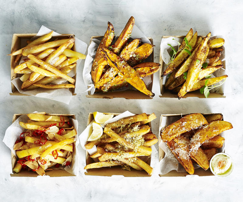 Air fryer carrots , Four-ways with air fryer roast potatoes , Air fryer Sriracha vegetable tempura , Steph de Sousa’s air fryer Mexican-style corn ribs , Air fryer chips and wedges six ways , How to make lentil-stuffed eggplant in your air fryer