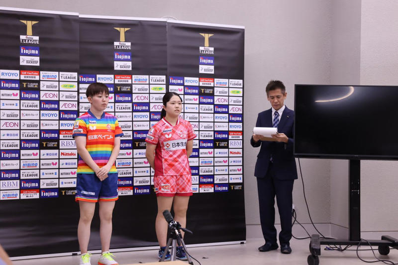 男子選手のコメント, 小野泰和（T.T彩たま）, 吉村真晴（琉球アスティーダ）, 英田理志（岡山リベッツ）, 吉村和弘（木下マイスター東京）, 吉田雅己（金沢ポート）※都合によりオンライン参加, 町飛鳥（静岡ジェード）, 女子選手コメント, 平野美宇（木下アビエル神奈川）※都合によりVTRでのコメント, 篠原夢空（日本生命レッドエルフ）, 芝田沙季（日本ペイントマレッツ）, 南波侑里香（トップおとめピンポンズ名古屋）, 小林りんご（九州カリーナ）, 田村美佳（京都カグヤライズ）※都合によりオンライン参加