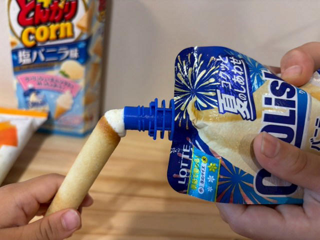 ・自由研究レシピ　今回の準備, ・ヨックモック系はやはり入らない, ・うまい棒はどうだろう, ・本命、とんがりコーン（バニラ味）はどうだ……, ・結論：見た目通りにはいかないけど、楽しいし、美味い