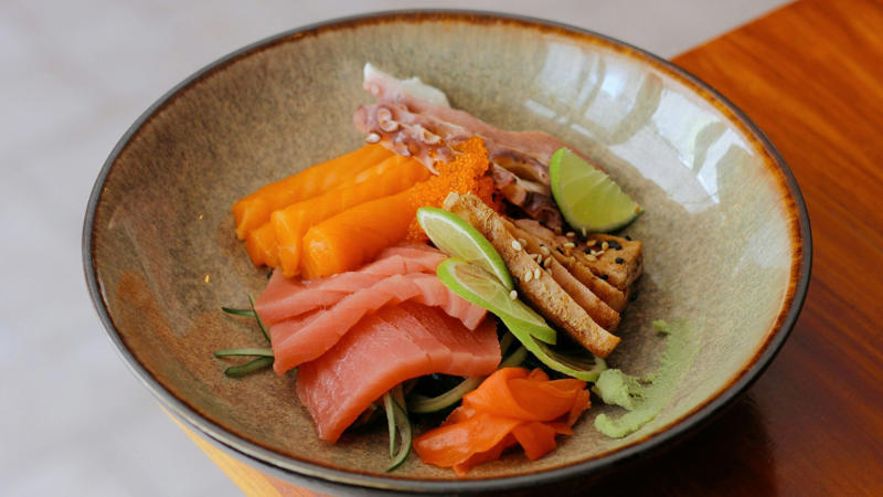 5. Sashimi 1. Salsa, 2. Roasted Sweet Potato, 3. Tzatziki, 4. Peaches, 5. Sashimi, 6. Baked Beans, 7. Roasted Garlic, 8. Pickles, 9. Grilled Pineapple, 10. Almond Milk, 11. Hummus, 12. Roasted Chickpeas, 13. Dates, 14. Cottage Cheese, 15. Mango, 16. Roasted Brussels Sprouts, 17. Ceviche, 18. Strawberries, 19. Edamame, 20. Avocado
