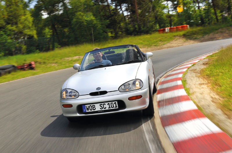 5. Suzuki Cappuccino (679kg/1496lb) 1. Mazda MX-5 (970kg/2138lb), 2. Lancia Fulvia Coupé HF (895kg/1973lb), 3. Peugeot 205 Rallye (790kg/1741lb), 4. Austin A30 (685kg/1510lb), 5. Suzuki Cappuccino (679kg/1496lb), 6. Citroën AX (675kg/1488lb), 7. Austin-Healey Sprite (664kg/1463lb), 8. Rochdale Olympic II (650kg/1433lb), 9. Mini 850 (604kg/1332lb), 10. Porsche 356 (600kg/1322lb), 11. Lotus Elan (585kg/1289lb), 12. Clan Crusader (578kg/1274lb), 13. Honda N360 (508kg/1119lb), 14. Ginetta G15 (501kg/1104lb), 15. Fiat 500 (500kg/1102lb), 16. De Tomaso Vallelunga (500kg/1102lb), 17. Caterham Superlight R500 (460kg/1014lb), 18. Ginetta G4 (445kg/981lb), 19. Austin Seven (432kg/952lb), 20. Morgan Aero Supersports (406kg/895lb), 21. Bond Bug (394kg/869lb), 22. Lotus Seven (387kg/853lb), 23. Light Car Company Rocket (370kg/815lb), 24. Berkeley Sports (318kg/701lb), 25. Messerschmitt KR200 (210kg/463lb)