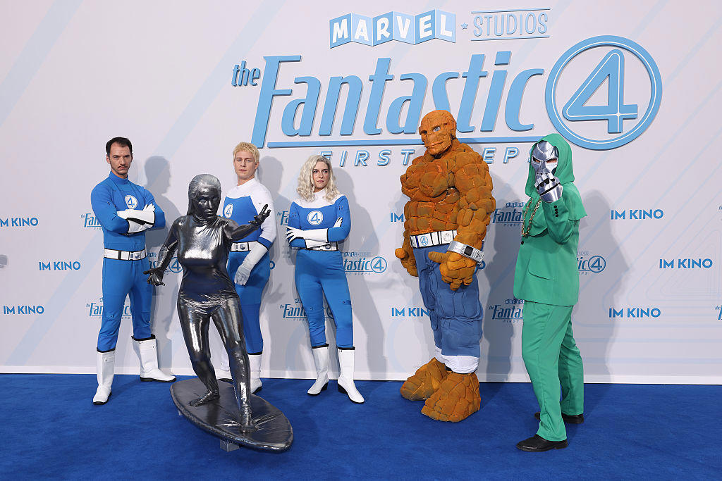 Cosplayers of the Fantastic Four, SIlver Surfer and Dr. Doom Pedro Pascal and his band on Fantastic Four's heroic blue carpet, Pedro Pascal, Vanessa Kirby, Joseph Quinn, Ebon Moss-Bachrach, Cosplayers of the Fantastic Four, SIlver Surfer and Dr. Doom, Jana Riva, Paula Gorczyca, Noah Miguell and Lara Spengler, Lucy Hellenbrecht, Alina Khan
