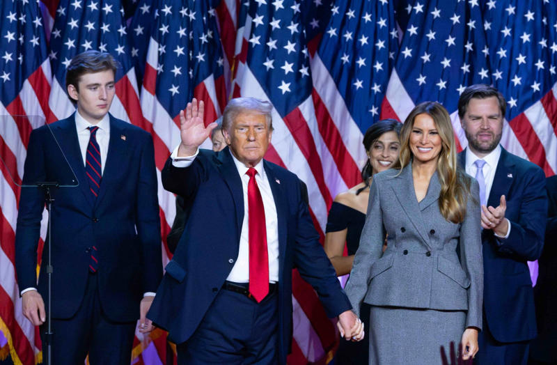 Trump speaks at Macomb Community College, Trump interviewed by Senator Marsha Blackburn, Trump and VP-elect Vance at inauguration, Trump signs documents after inauguration, Trump acceptance speech after election, Trump salutes troops at inauguration, Trump gestures during presidential inauguration