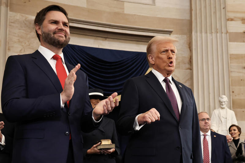 Trump speaks at Macomb Community College, Trump interviewed by Senator Marsha Blackburn, Trump and VP-elect Vance at inauguration, Trump signs documents after inauguration, Trump acceptance speech after election, Trump salutes troops at inauguration, Trump gestures during presidential inauguration