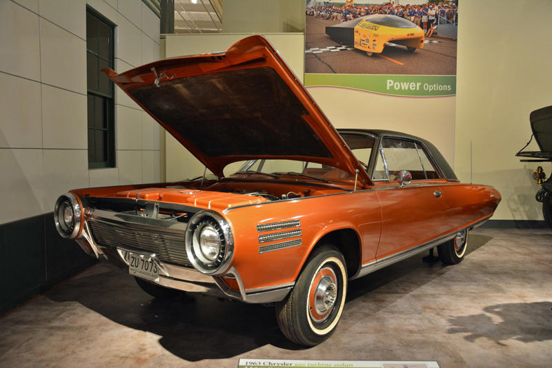 Chrysler turbine car (1963) Roper steam carriage (1865), Ford 999 (1902), Holsman Runabout (1903), Scripps-Booth Rocket (1913), Detroit-Electric Model 47 (1914), Brewster Town Landaulet (1915), Chevrolet Royal Mail (1915), Woods Dual-Power (1916), Chrysler B-70 (1924), Essex Coach (1924), Ford Flivver (1926), Blue Bird school bus (1927), Lincoln Zephyr (1936), Lincoln Bubbletop (1950), Crosley Hotshot (1951), Chrysler 300-B (1956), Cornell-Liberty Safety Car (1957), Ford Mustang I concept (1962), Buick Riviera (1963), Chrysler turbine car (1963), Ford Mustang (1965), Toyota Corona (1966), Ford Mark IV (1967), Mercury Cougar (1968), Lincoln presidential limousine (1972), Chrysler Newport (1973), Dodge Omni (1978), Comuta-Car (1980), Ford Escort (1981), Plymouth Voyager (1984), Ford Taurus (1986), General Motors EV1 (1997), Toyota Prius (1997), Ford Focus Electric (2009)