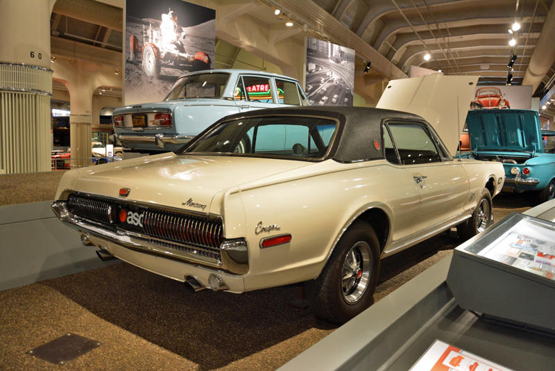 Mercury Cougar (1968) Roper steam carriage (1865), Ford 999 (1902), Holsman Runabout (1903), Scripps-Booth Rocket (1913), Detroit-Electric Model 47 (1914), Brewster Town Landaulet (1915), Chevrolet Royal Mail (1915), Woods Dual-Power (1916), Chrysler B-70 (1924), Essex Coach (1924), Ford Flivver (1926), Blue Bird school bus (1927), Lincoln Zephyr (1936), Lincoln Bubbletop (1950), Crosley Hotshot (1951), Chrysler 300-B (1956), Cornell-Liberty Safety Car (1957), Ford Mustang I concept (1962), Buick Riviera (1963), Chrysler turbine car (1963), Ford Mustang (1965), Toyota Corona (1966), Ford Mark IV (1967), Mercury Cougar (1968), Lincoln presidential limousine (1972), Chrysler Newport (1973), Dodge Omni (1978), Comuta-Car (1980), Ford Escort (1981), Plymouth Voyager (1984), Ford Taurus (1986), General Motors EV1 (1997), Toyota Prius (1997), Ford Focus Electric (2009)