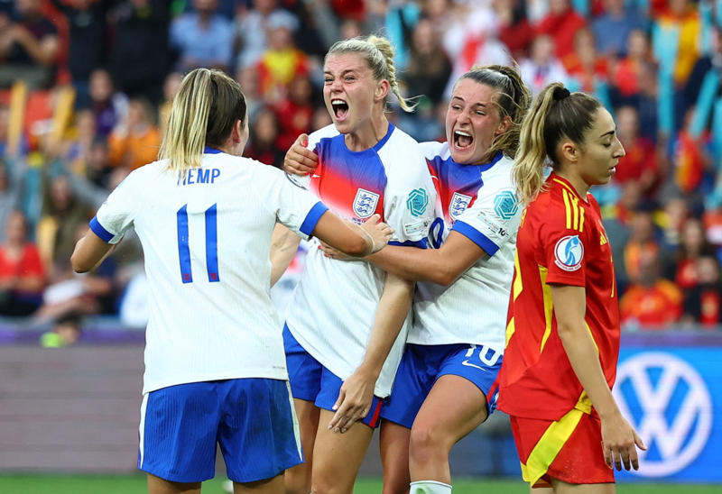 Key points: England v Spain Euro 2025 final, Kelly: 'Representing England is never a given', Kelly: 'Thank you to everyone who wrote me off', Kelly hails 'incredible woman' Wiegman, Brown-Finnis hails Hampton saves, White 'so proud' of England team, ‘I don’t miss penalties twice’: Chloe Kelly’s ice-cold confidence, How much do England women’s players get paid?, Jubilant Princess Charlotte celebrates Lionesses Euro 2025 win with her father Prince William, Sarina Wiegman details how England claimed glory at ‘chaotic and ridiculous’ Euro 2025, England hero Lucy Bronze reveals she played entire Euro 2025 with fractured tibia, Ex-captain Houghton pinpoints England mentality, Ex-captain Houghton pinpoints England mentality, Spanish royal house makes statement, Spanish prime minister Pedro Sanchez, Prime Minister hails England's 'history makers', King Charles congratulates England, Wiegman: Euro triumph was chaos, Wiegman hails England's spirit, Bronze: We never stopped believing, Bronze: I played through the pain, We deserved more, says Spain coach Tome, We deserved more, says Spain coach Tome, Next up!, Will England have a trophy parade after winning Euro 2025?, Bronze: "We got the job done", Bronze says she played with a broken tibia, Leah Williamson: 'What an honour', ENGLAND WIN EURO 2025!, Agyemang reacts, Wiegman reacts, ENGLAND WIN EURO 2025!, ENGLAND WIN EURO 2025!, Carney: Hampton 'arguably player of the tournament', Agyemang wins young player of the tournament!, Michelle Agyemang named Young Player of the Tournament!, Hampton: 'We're the team that never gives up in this tournament', Kelly reacts, England players celebrate with Jill Scott, Spanish players in disbelief, ENGLAND WIN EURO 2025!, ENGLAND WIN EURO 2025!, ENGLAND WIN EURO 2025!, PENS: England 3-1 Spain - ENGLAND WIN EURO 2025!, PENS: England 3-1 Spain - ENGLAND WIN EURO 2025!, PENS: England 2-1 Spain - Paralluelo misses!, PENS: England 2-1 Spain - Williamson misses!, PENS: England 2-1 Spain - Bonmati misses!, PENS: England 2-1 Spain - Charles scores!, Cruel double-touch from Mead, Cruel double-touch from Mead, PENS: England 1-1 Spain - Caldentey misses!, PENS: England 1-1 Spain - Greenwood scores!, PENS: England 0-1 Spain - Guijarro scores!, PENS: England 0-0 Spain - Mead misses!, PENS: England 0-0 Spain, England head to penalties in Euro 2025 final, FULL-TIME! England 1-1 Spain, FULL-TIME! England 1-1 Spain, FULL-TIME! England 1-1 Spain, England 1-1 Spain, England 1-1 Spain, England 1-1 Spain, England 1-1 Spain, England 1-1 Spain, England 1-1 Spain, England 1-1 Spain, KICK-OFF! England 1-1 Spain, HALF-TIME! England 1-1 Spain, England 1-1 Spain, England 1-1 Spain, England 1-1 Spain, KICK-OFF! England 1-1 Spain, FULL-TIME! England 1-1 Spain, EXTRA TIME! England 1-1 Spain, England 1-1 Spain, England 1-1 Spain, England 1-1 Spain, England 1-1 Spain, England 1-1 Spain, England 1-1 Spain, England 1-1 Spain, Chloe Kelly makes the difference for England once again, England 1-1 Spain, England 1-1 Spain, England 1-1 Spain, GOAL! England 1-1 Spain, GOAL! England 1-1 Spain, Lauren James limps out of Euro 2025 final in major England blow, HALF-TIME! England 0-1 Spain, England 0-1 Spain, England need composure after early setback against Spain, GOAL! England 0-1 Spain, GOAL! England 0-1 Spain, England 0-0 Spain