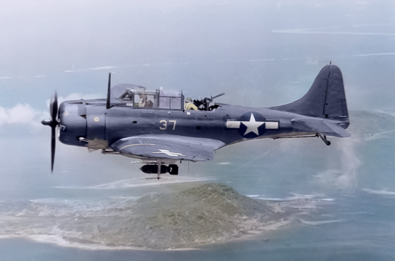 1: Douglas SBD Dauntless 10: Martin PBM Mariner, 9: Lockheed PV-1 Ventura, 8. Curtiss SB2C Helldiver, 7: Consolidated PB4Y-2 Privateer, 6: Grumman F6F Hellcat, 5. Chance Vought F4U Corsair, 4: Grumman TBF Avenger, 3: Grumman F4F Wildcat, 2: Consolidated PBY Catalina, 1: Douglas SBD Dauntless