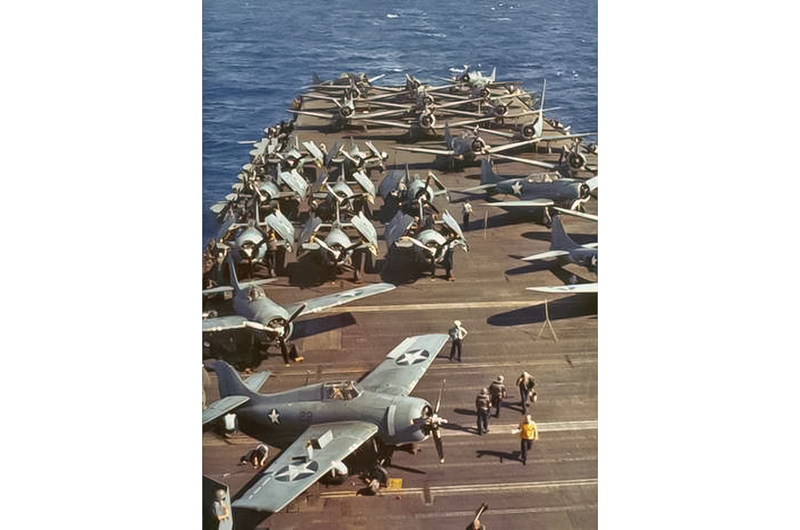 3: Grumman F4F Wildcat 10: Martin PBM Mariner, 9: Lockheed PV-1 Ventura, 8. Curtiss SB2C Helldiver, 7: Consolidated PB4Y-2 Privateer, 6: Grumman F6F Hellcat, 5. Chance Vought F4U Corsair, 4: Grumman TBF Avenger, 3: Grumman F4F Wildcat, 2: Consolidated PBY Catalina, 1: Douglas SBD Dauntless