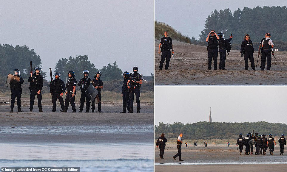 French police stand watching as boat load of migrants set off for UK