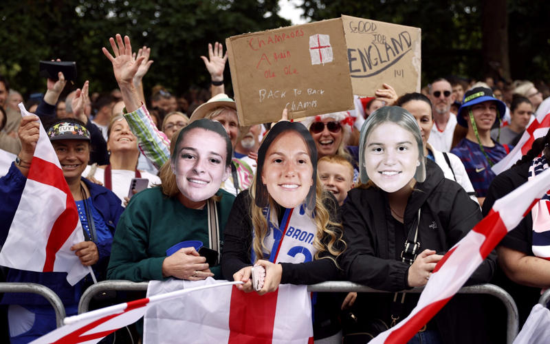 01:58 PM BST, The moment the fans waited to see, 01:22 PM BST, ‘The women actually bring it home’, 01:20 PM BST, As with football matches, 01:18 PM BST, 01:15 PM BST, They’re still on stage, 01:03 PM BST, The players want more chooons, 12:58 PM BST, Now it’s time for THAT song, 12:54 PM BST, Before Heather Small sings..., 12:48 PM BST, Chloe Kelly speaks - ‘This is so f-----g special’, 12:43 PM BST, Sarina Wiegman is dancing, 12:39 PM BST, 12:33 PM BST, The bus that says it all, 12:30 PM BST, The parade is over now it’s time for the speeches, 12:26 PM BST, Scenes of joy, 12:19 PM BST, Alessia Russo speaks to the BBC - ‘I am on cloud nine’, 12:17 PM BST, The brass band and drummers, 12:11 PM BST, Here they are!, 12:09 PM BST, The bus is about to get going, 11:46 AM BST, Atmosphere building up, 11:43 AM BST, Lionesses are ready, 11:38 AM BST, Fans packing The Mall, 11:27 AM BST, Siblings fly in from Austria for the parade, 11:10 AM BST, ‘Premier League is too expensive – women’s football is taking off’, 11:02 AM BST, Will we be seeing more of this today?, 10:56 AM BST, A reminder of who they FaceTimed last night, 10:49 AM BST, ‘These women are absolute legends’, 10:40 AM BST, One player will not be able join in the celebrations, 10:19 AM BST, Excitement in the air, 10:12 AM BST, 50,000 fans expected, 10:03 AM BST, Fans getting their spots on the Mall, 09:37 AM BST, How much will it cost?, 09:31 AM BST, Can I watch it on TV?, 09:29 AM BST, What is the route?, 09:24 AM BST, What time does it start?, 09:22 AM BST, Fans to pay tribute to victorious Lionesses