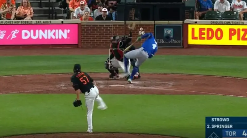 MLBボルチモア対トロント戦での出来事。, この試合の9回、ケイド・ストロウドの速球がジョージ・スプリンガーの頭を直撃。, 時速154kmで投げられたボールが直撃したスプリンガーは、すぐに倒れ込んだ。, ケイド・ストラウドはすぐに、何が起こったのかの深刻さに気づいた。, 選手はすぐにブルージェイズのコーチングスタッフの治療を受けた。, ピッチャーはしゃがみ込み、ショックを受けている様子。, スプリンガーは1分以上、地面に顔を伏せたままだった。, そして、観客の拍手の中を歩き出した。, ボールがスプリンガーのヘルメットに当たり、大きな音がした。, 観客も唖然とした。, 試合終了時、シュナイダー監督は彼の状態について、「幸運にも彼は少し向きを変えることができ、急所を避けることができた」と安心させた。, 「ドクターと話す機会があったばかりだが、彼は元気だ」
