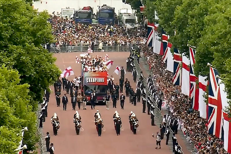 England trophy parade live, Lionesses say 65,000 people attend victory parade celebrations, Princess Beatrice and children join crowds for Lionesses’ football victory parade, England's celebrations go bigger and better, How did the Lionesses celebrate on Monday?, In pictures: Tens of thousands line The Mall, Lionesses leave the stage, In pictures: Lionesses celebrate historic win, Princess Beatrice and family pictured in the crowds, Sweet Caroline blasts along The Mall, England lifts Euros trophy, Chloe Kelly jokes 'What pressure?' as she thanks the crowds, Pictured: Lionesses reach Buckingham Palace, Sarina Wiegman surprised onstage by Burna Boy, Emotional Leah Williamson 'holding back tears' as she thanks crowds, In pictures: Lionesses greet jubilant crowds in victory parade, 'Sweet Caroline' blasts to the crowds, Victory parade reaches Buckingham Palace, 'I've never seen anything like it'; Alessia Russo celebrates along The Mall, In pictures: Fans cheer for the Lionesses, Captain Leah Williamson seen lifting trophy to cheers of the crowd, First pics of the Lionesses celebrating alongside thousands of England fans, The Lionesses arrive to kick off procession, Live: Watch Lionesses victory parade in central London, Supporters travel from across the UK to cheer on Lionesses, Minutes to go, Thousands of fans make their way to The Mall, Fans out in force, Live: Lionesses victory parade aerial footage as thousands celebrate England Euro 2025 victory, 'The standard of football is second to none', Fans 'very proud' of Lionesses, The truth behind Chloe Kelly’s unwavering confidence, 'Hopefully this will encourage more people to support women's football', England flags flying, One hour to go, The Mall is filling up, A look back at 2022, 'I was jumping in the air on Sunday', 'This team shows what it's like to be English', 'Amazing to see the progress from the last Euros', How can I watch the Lionesses victory parade?, A look back at 2022, Today's parade route, Weather no match for England fans, Preparations underway, Excitement building in London, Lionesses use 'their voice for change', London ready for England parade after Euro 2025 glory, Why Sarina Wiegman is the best manager in the world, The sweary gift Sarina Wiegman used to inspire Lionesses before Euro 2025 final, Keir Starmer calls to congratulate Lionesses, Wiegman hopes win will 'push women's game even more', Lionesses attend Downing Street reception to celebrate success, What has the goverment said about the parade?, What has the FA said about the trophy parade?, How to watch the ceremony on TV or online, Attending the homecoming parade, England trophy parade: Route, map and schedule for Euro 2025 victory celebrations, England trophy parade: Route, map and schedule for Euro 2025 victory celebrations