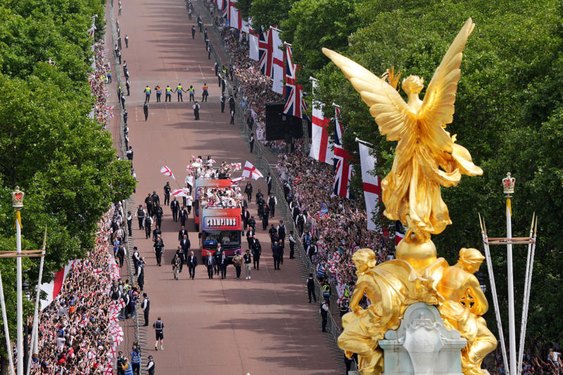 England trophy parade live, Lionesses say 65,000 people attend victory parade celebrations, Princess Beatrice and children join crowds for Lionesses’ football victory parade, England's celebrations go bigger and better, How did the Lionesses celebrate on Monday?, In pictures: Tens of thousands line The Mall, Lionesses leave the stage, In pictures: Lionesses celebrate historic win, Princess Beatrice and family pictured in the crowds, Sweet Caroline blasts along The Mall, England lifts Euros trophy, Chloe Kelly jokes 'What pressure?' as she thanks the crowds, Pictured: Lionesses reach Buckingham Palace, Sarina Wiegman surprised onstage by Burna Boy, Emotional Leah Williamson 'holding back tears' as she thanks crowds, In pictures: Lionesses greet jubilant crowds in victory parade, 'Sweet Caroline' blasts to the crowds, Victory parade reaches Buckingham Palace, 'I've never seen anything like it'; Alessia Russo celebrates along The Mall, In pictures: Fans cheer for the Lionesses, Captain Leah Williamson seen lifting trophy to cheers of the crowd, First pics of the Lionesses celebrating alongside thousands of England fans, The Lionesses arrive to kick off procession, Live: Watch Lionesses victory parade in central London, Supporters travel from across the UK to cheer on Lionesses, Minutes to go, Thousands of fans make their way to The Mall, Fans out in force, Live: Lionesses victory parade aerial footage as thousands celebrate England Euro 2025 victory, 'The standard of football is second to none', Fans 'very proud' of Lionesses, The truth behind Chloe Kelly’s unwavering confidence, 'Hopefully this will encourage more people to support women's football', England flags flying, One hour to go, The Mall is filling up, A look back at 2022, 'I was jumping in the air on Sunday', 'This team shows what it's like to be English', 'Amazing to see the progress from the last Euros', How can I watch the Lionesses victory parade?, A look back at 2022, Today's parade route, Weather no match for England fans, Preparations underway, Excitement building in London, Lionesses use 'their voice for change', London ready for England parade after Euro 2025 glory, Why Sarina Wiegman is the best manager in the world, The sweary gift Sarina Wiegman used to inspire Lionesses before Euro 2025 final, Keir Starmer calls to congratulate Lionesses, Wiegman hopes win will 'push women's game even more', Lionesses attend Downing Street reception to celebrate success, What has the goverment said about the parade?, What has the FA said about the trophy parade?, How to watch the ceremony on TV or online, Attending the homecoming parade, England trophy parade: Route, map and schedule for Euro 2025 victory celebrations, England trophy parade: Route, map and schedule for Euro 2025 victory celebrations