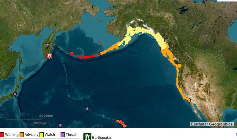 Map of tsunami alerts, Alaska's Aleutian Islands, Washington, Oregon and California, Pacific Islands, What do tsunami alerts mean?