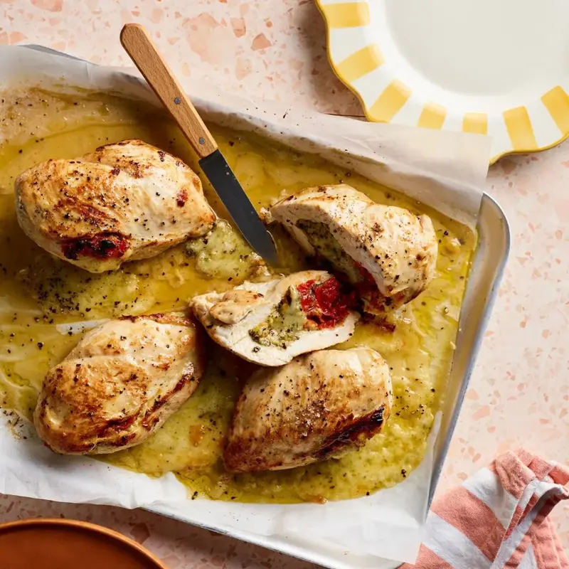 Cheesy salmon & veggie pasta bake, Pork chop tray bake with potatoes & brussels sprouts, Pesto, sun-dried tomato & mozzarella-stuffed chicken breasts, Nutty brown rice with broccolini & goat’s cheese, Easy family dinners from Women's Weekly Food