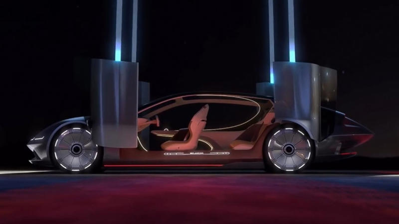 This vehicle has large dimensions and features, Its exterior design features include scissor doors, Deployable wings on the rear improve stability, Manual and automated driving modes are available, The cabin features a unique wormhole interface, No plans to produce this vehicle, GM China Advanced Design Center developed this concept