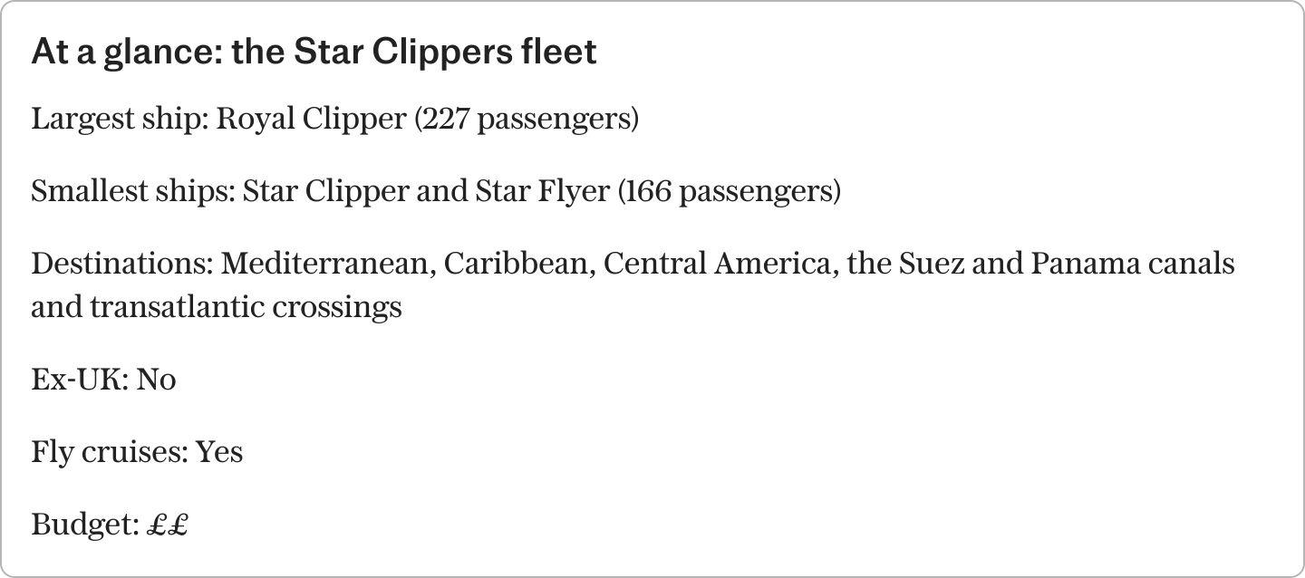 1. Where does Star Clippers sail?, 2. Who does Star Clippers appeal to?, 3. The fleet, Royal Clipper (227 passengers), Sails to, Star Clipper and Star Flyer (166 passengers), Sails to, 4. Access for guests with disabilities, 5. Loyalty scheme